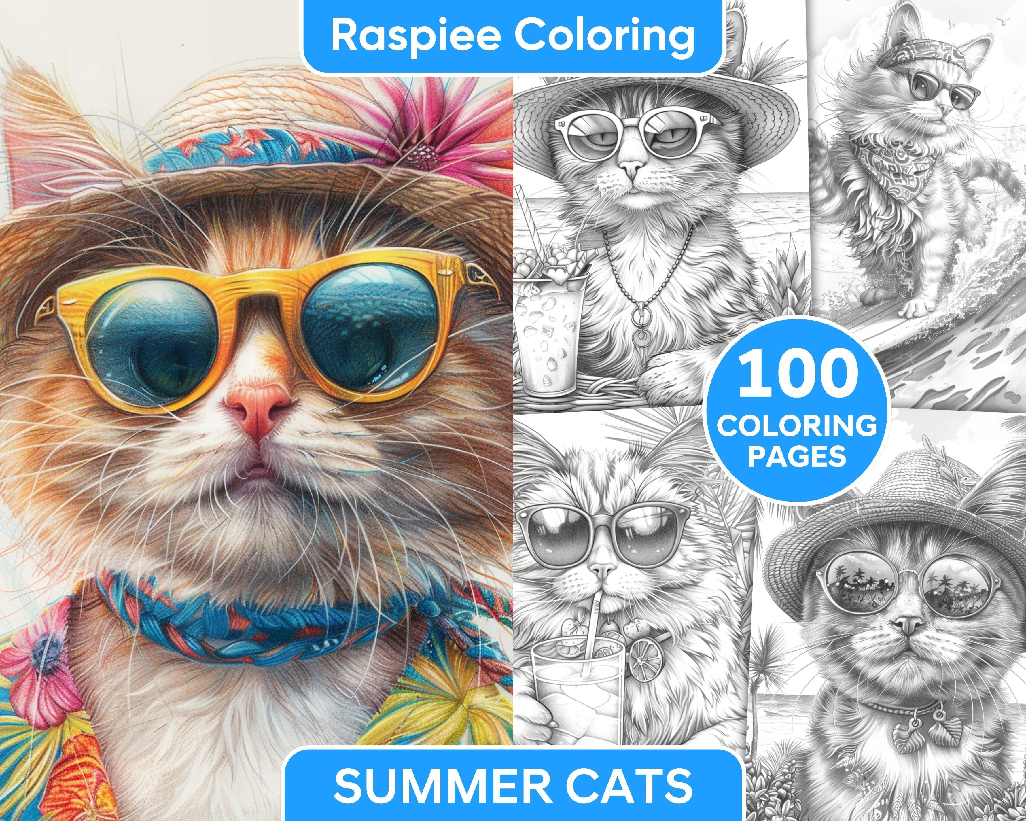 100 Summer Cats Grayscale Adult Coloring Pages, Printable PDF Instant