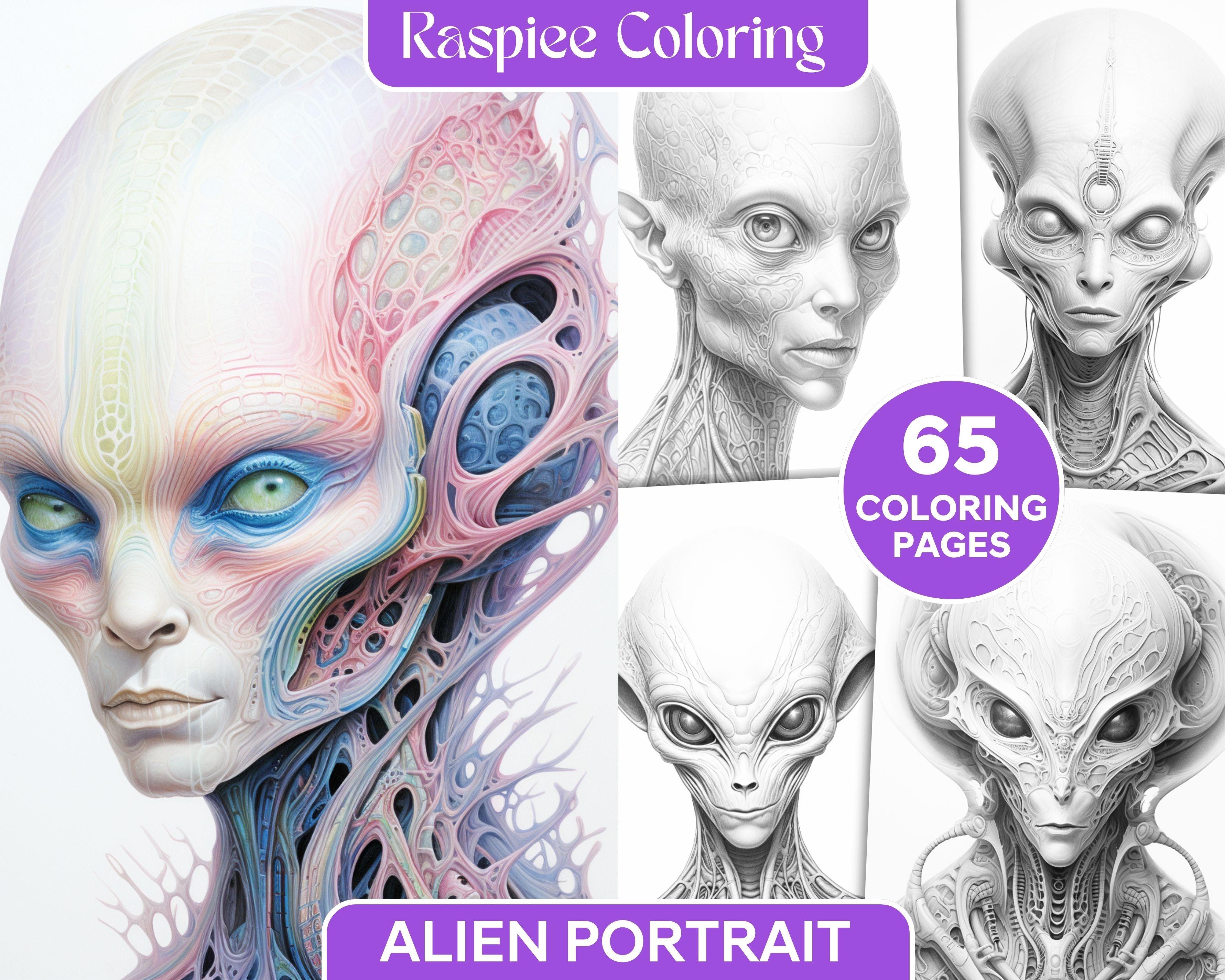 65 Alien Portrait Grayscale Coloring Pages for Adults, Printable PDF F ...
