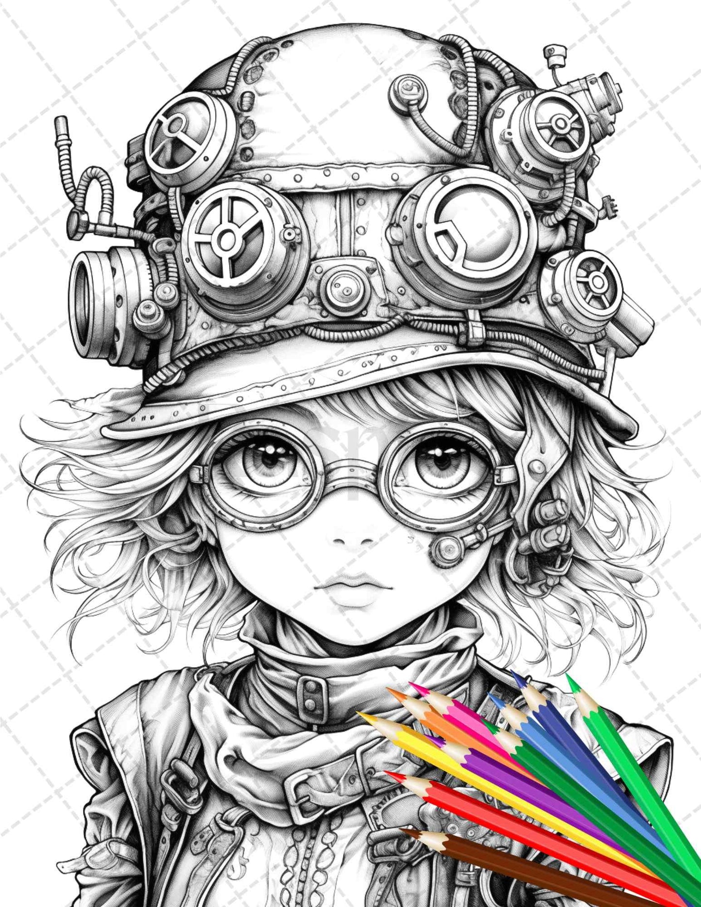 31 Adorable Steampunk Girls Coloring Pages Printable for Adults, Grayscale Coloring Page, PDF File Instant Download - RASPIEE