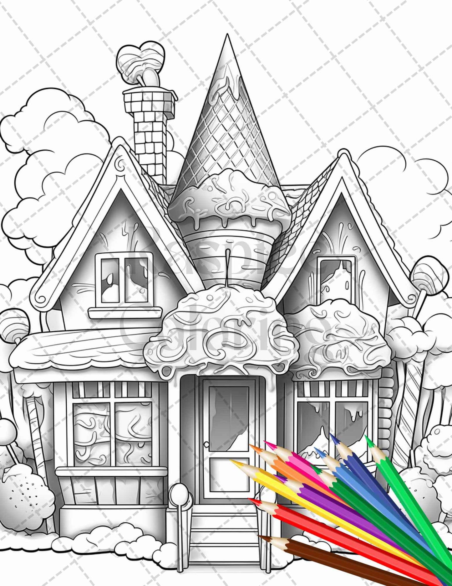 33 Ice Cream Houses Grayscale Coloring Pages Printable for Adults and Kids, PDF File Instant Download - RASPIEE