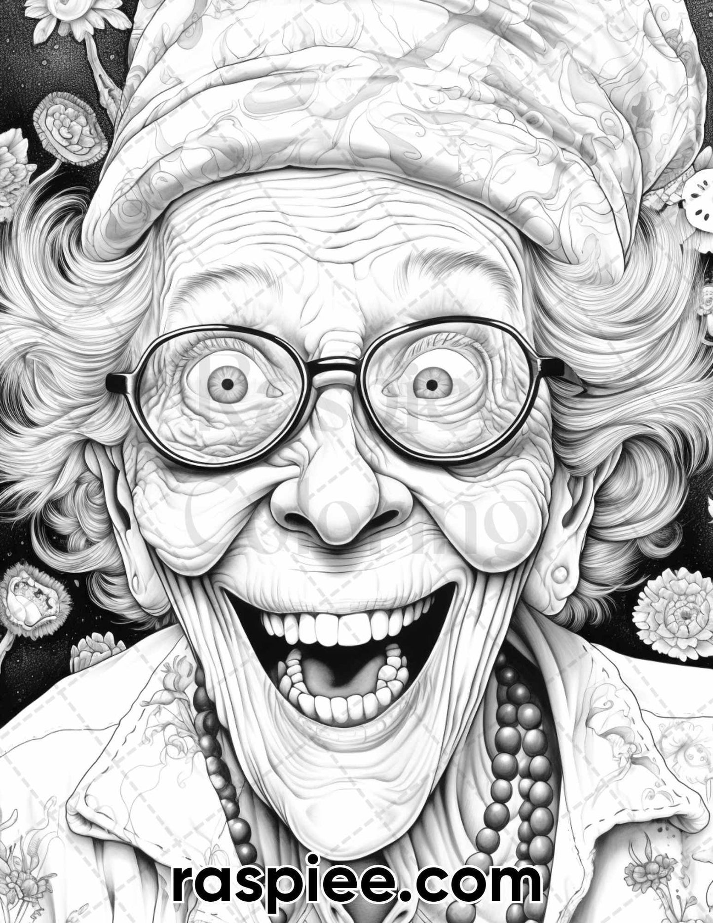 50 Funny Grandma Grayscale Coloring Pages for Adults, Printable PDF Instant Download - RASPIEE