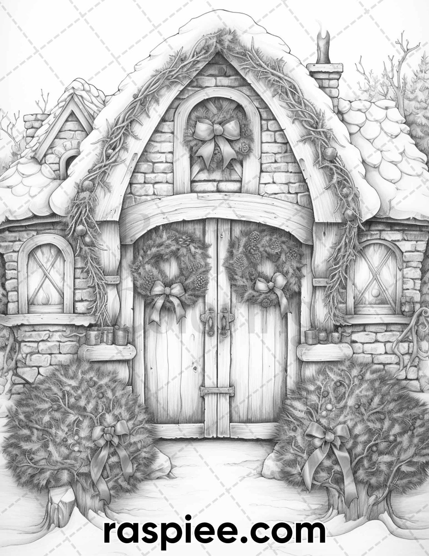 40 Christmas Twinkling Fairy Cottages Grayscale Adult Coloring Pages, Printable PDF Instant Download - RASPIEE