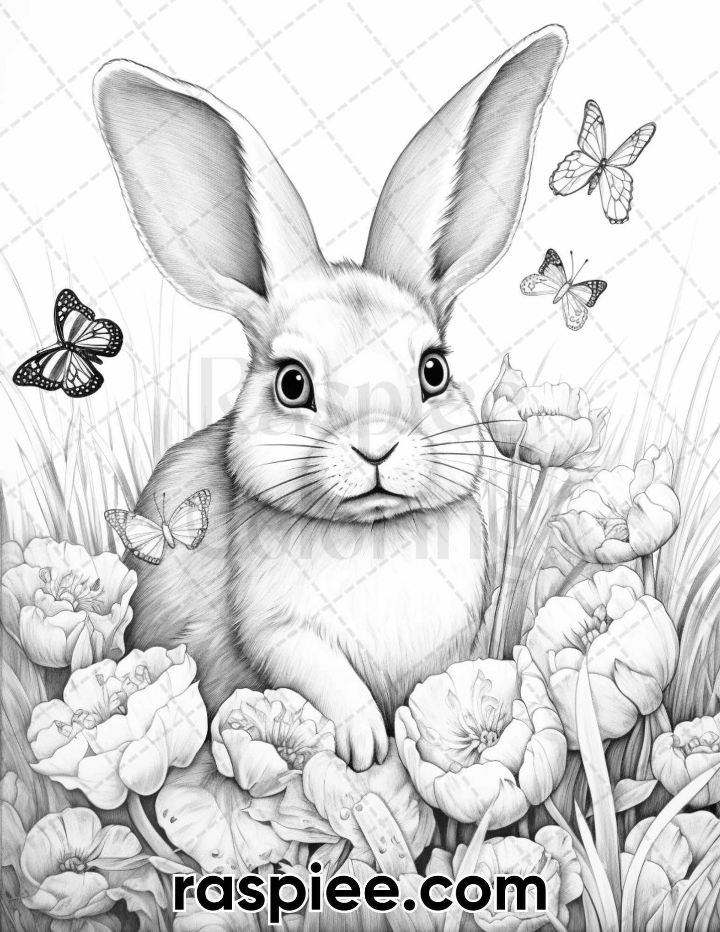 40 Easter Bunny Grayscale Adult Coloring Pages, Printable PDF Instant Download - RASPIEE
