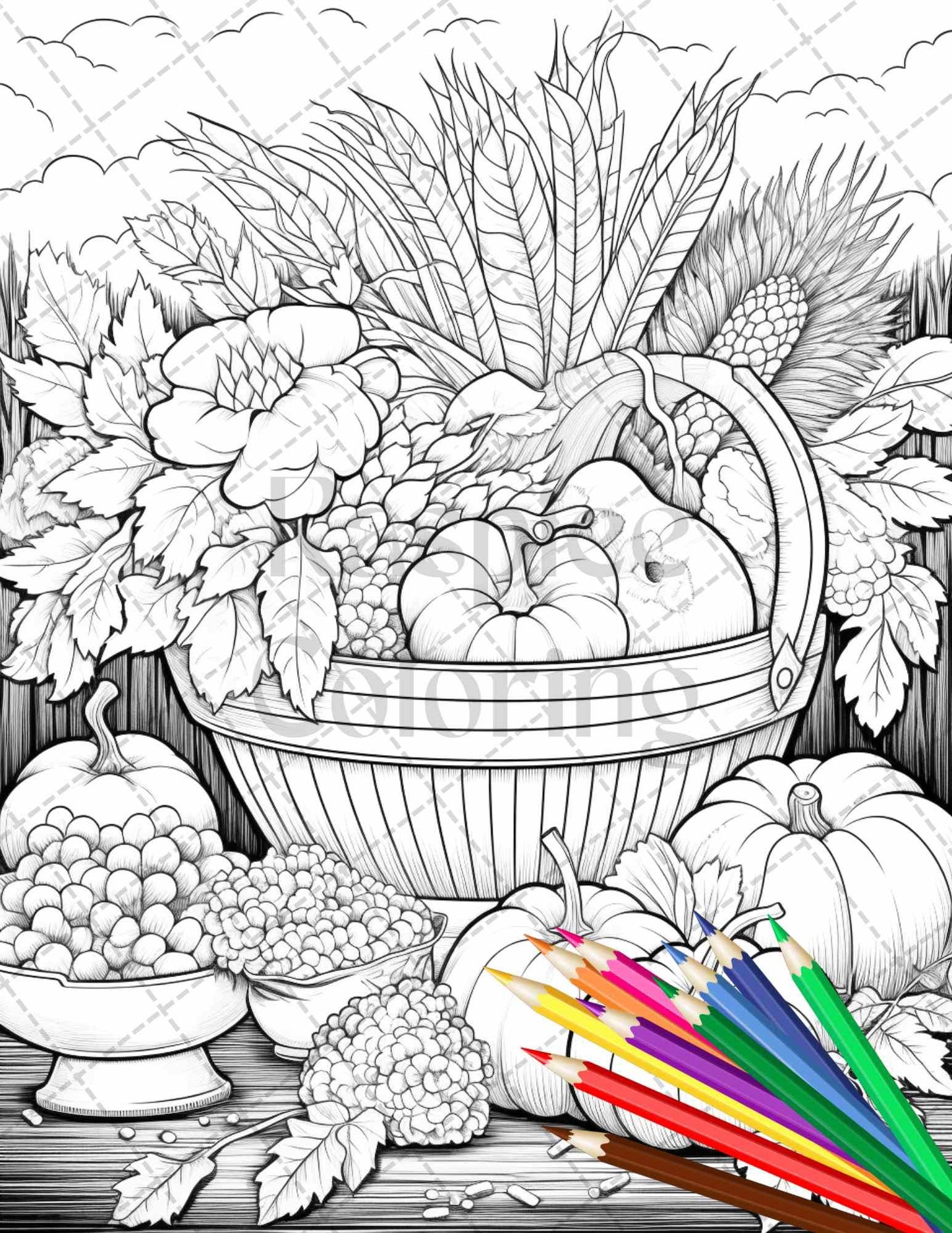 Autumn Harvest Grayscale Coloring Pages Printable for Adults, Relaxing Fall Themed Art, PDF File Instant Download - RASPIEE