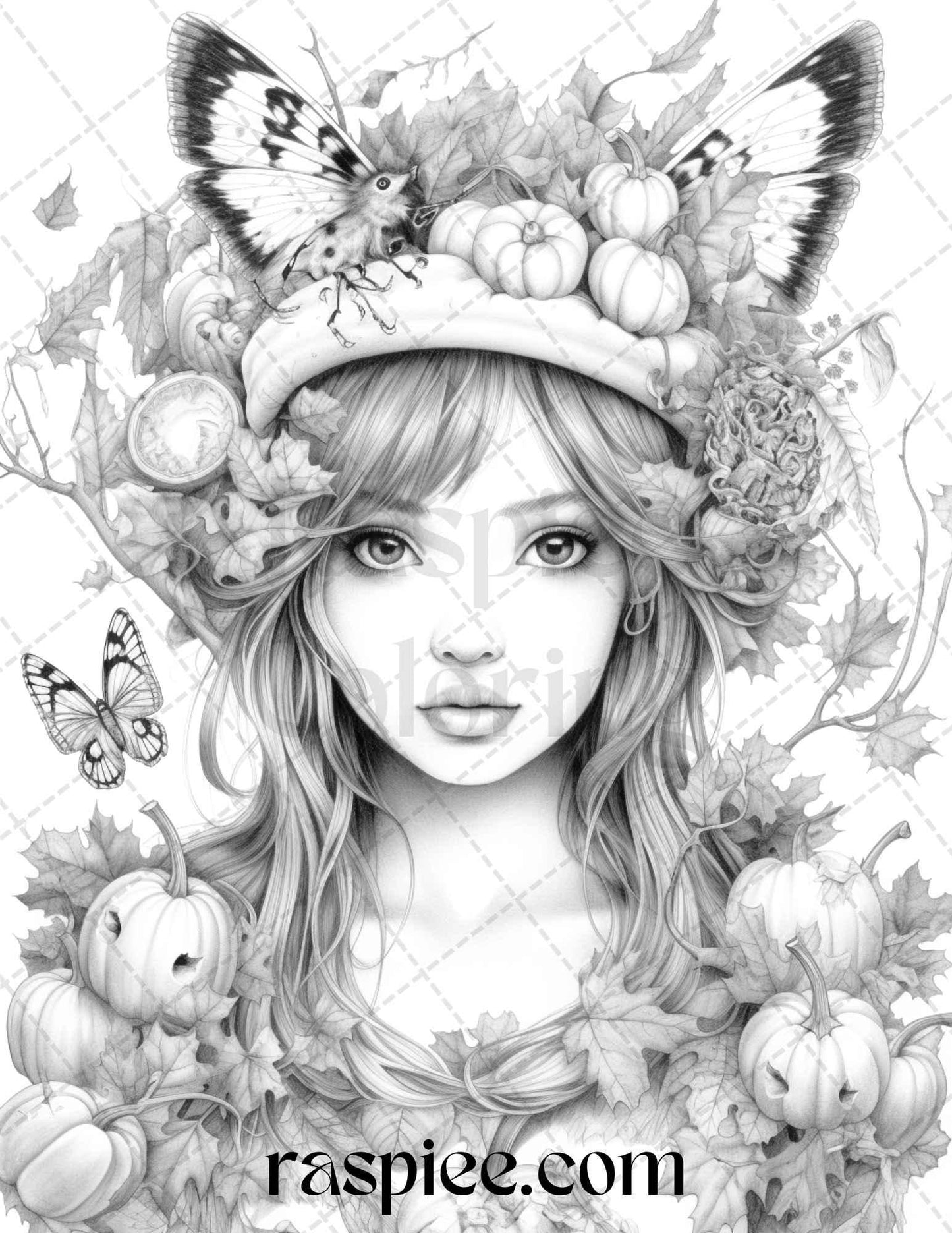 40 Pumpkin Fairy Girls Grayscale Coloring Pages Printable for Adults, PDF File Instant Download - RASPIEE