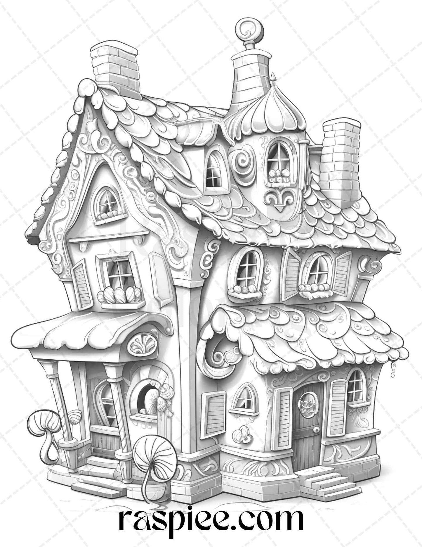 40 Christmas Gingerbread Houses Grayscale Coloring Pages Printable for Adults Kids, PDF File Instant Download - RASPIEE