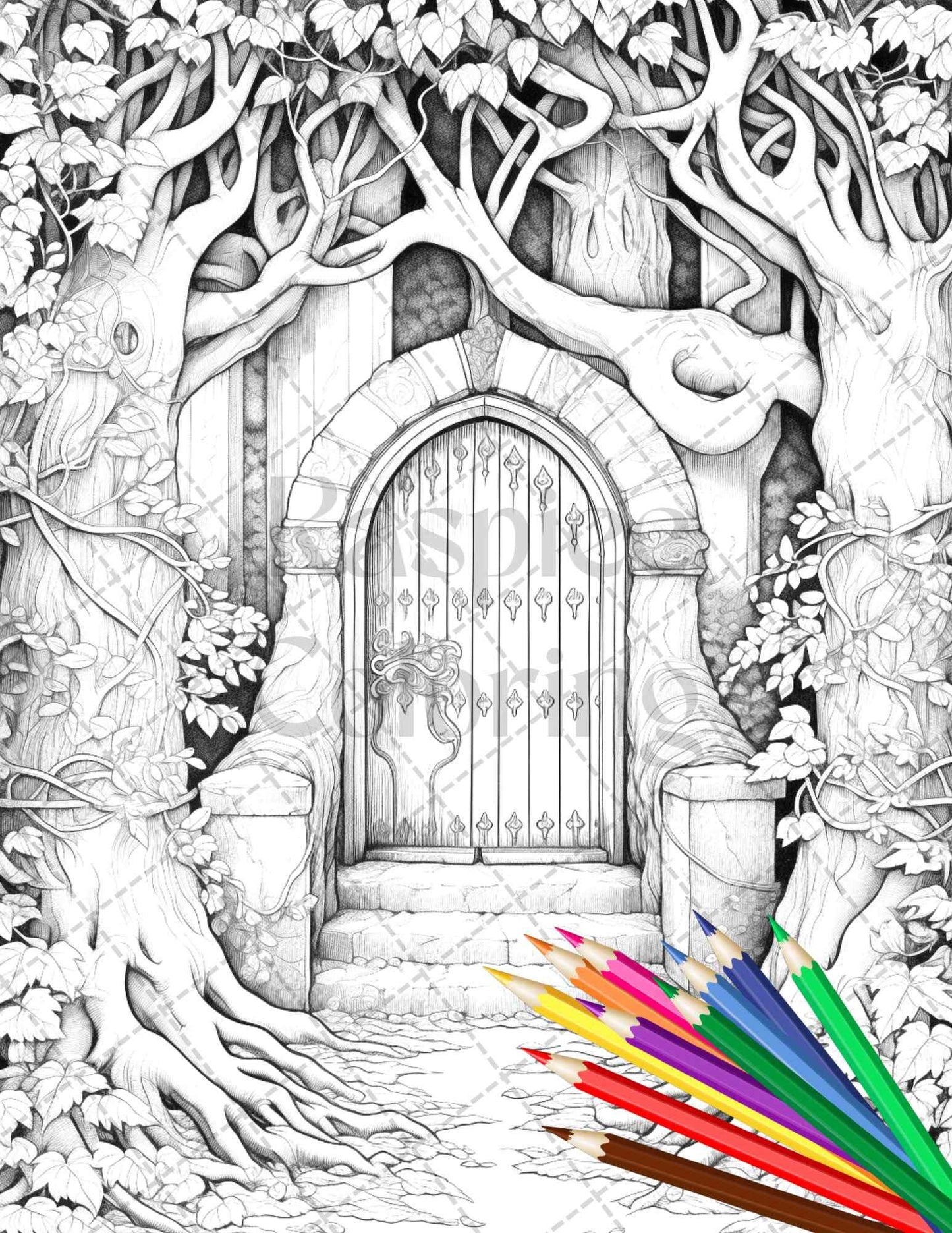 40 Magical Forest Gates Grayscale Coloring Pages Printable for Adults, PDF File Instant Download - RASPIEE