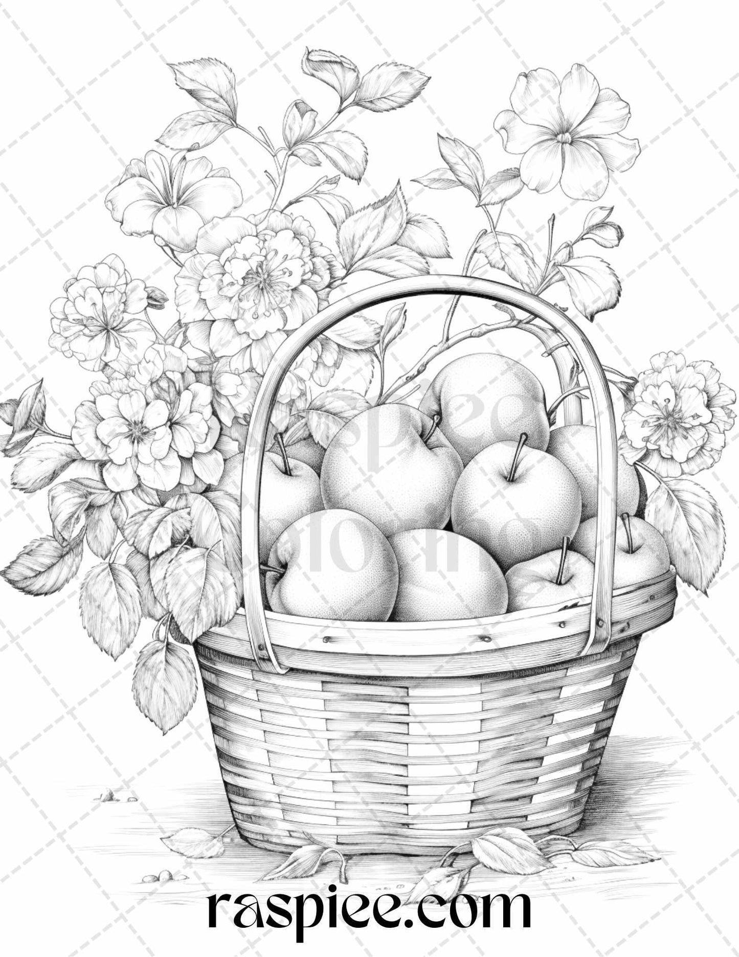 40 Fruit Basket Grayscale Coloring Pages Printable for Adults, PDF File Instant Download - RASPIEE