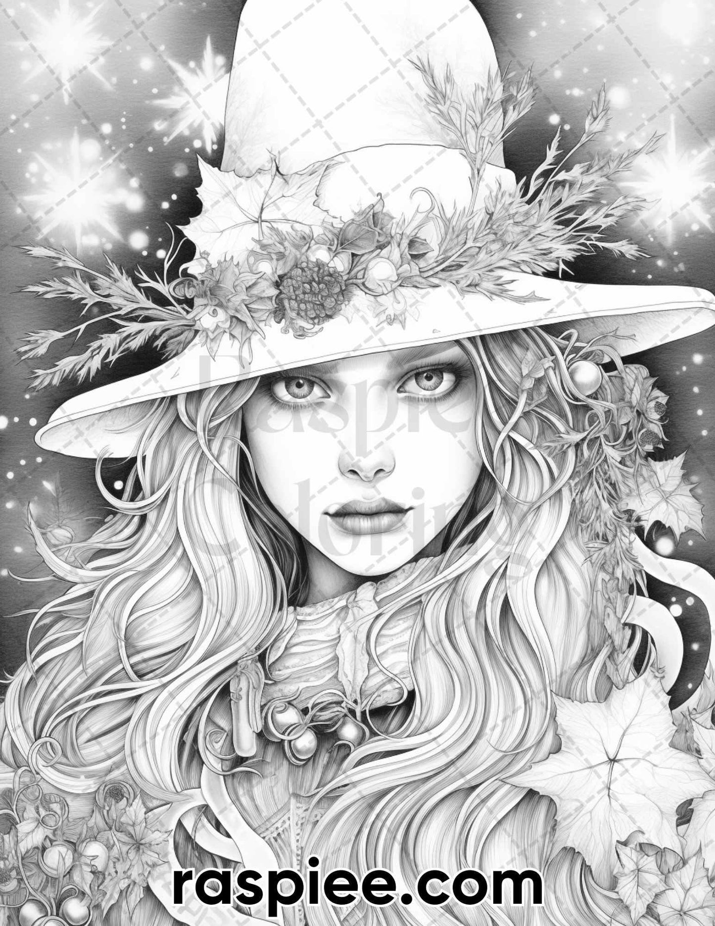 50 Christmas Witch Grayscale Coloring Pages for Adults, Printable PDF Instant Download - RASPIEE