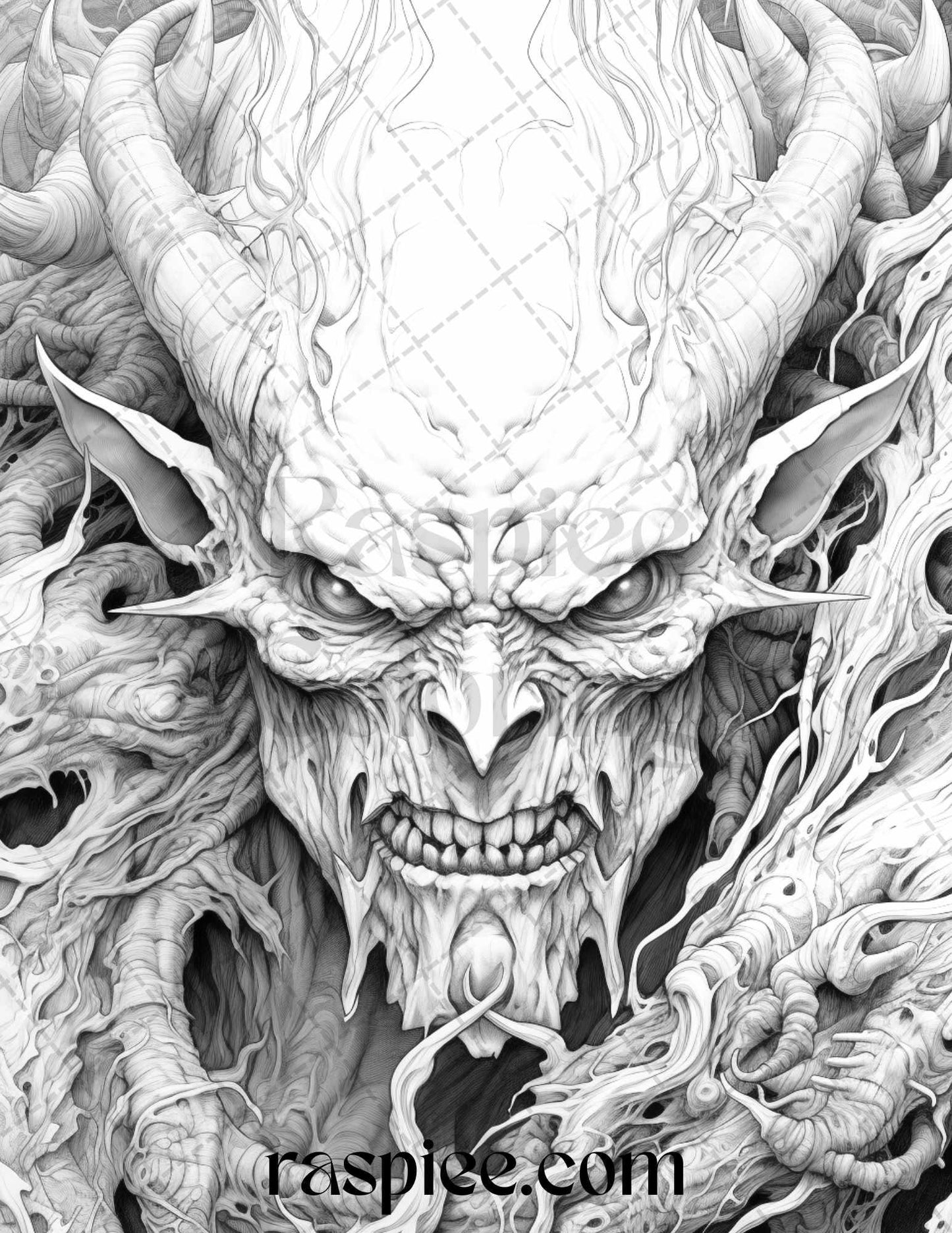 43 Fantasy Demons Grayscale Coloring Pages for Adults, Printable PDF File Instant Download - RASPIEE