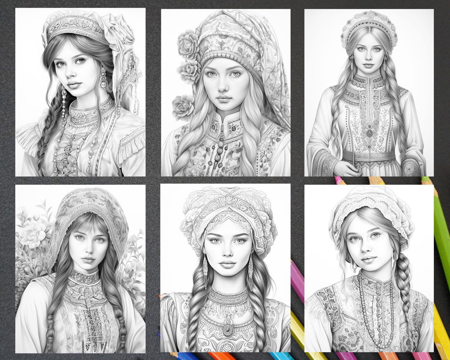 60 Traditional Russian Girls Grayscale Adult Coloring Pages, Printable PDF Instant Download - RASPIEE