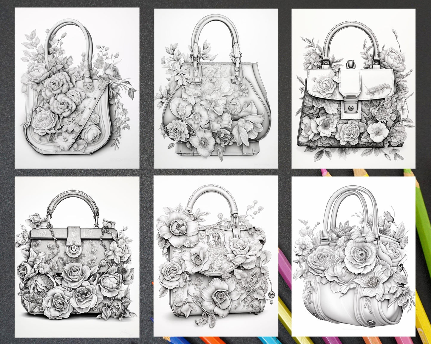50 Floral Handbags Grayscale Coloring Pages for Adults, Printable PDF Instant Download - RASPIEE