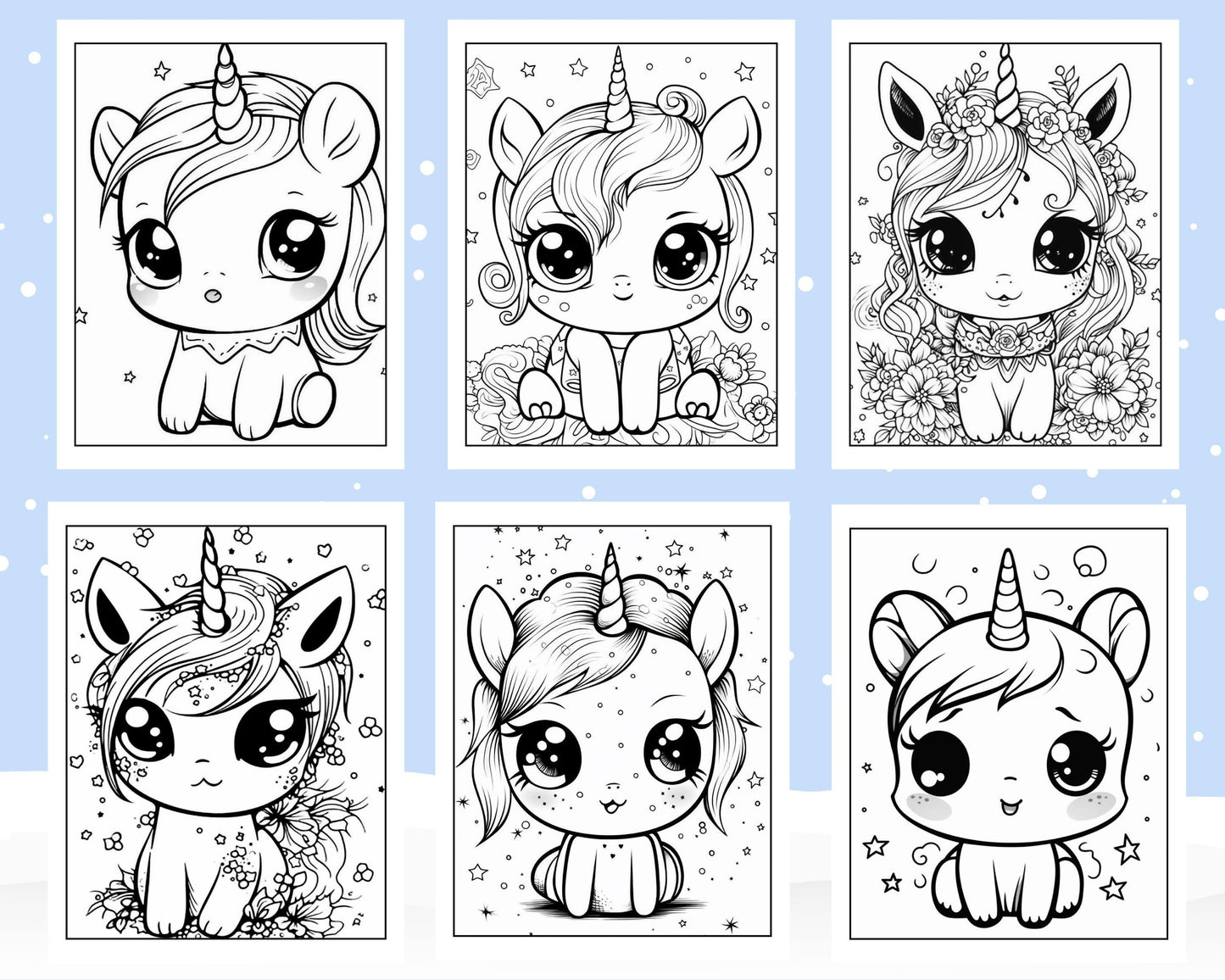 150 Adorable Kawaii Unicorn Printable Coloring Pages for Kids, Printable PDF File Instant Download - RASPIEE