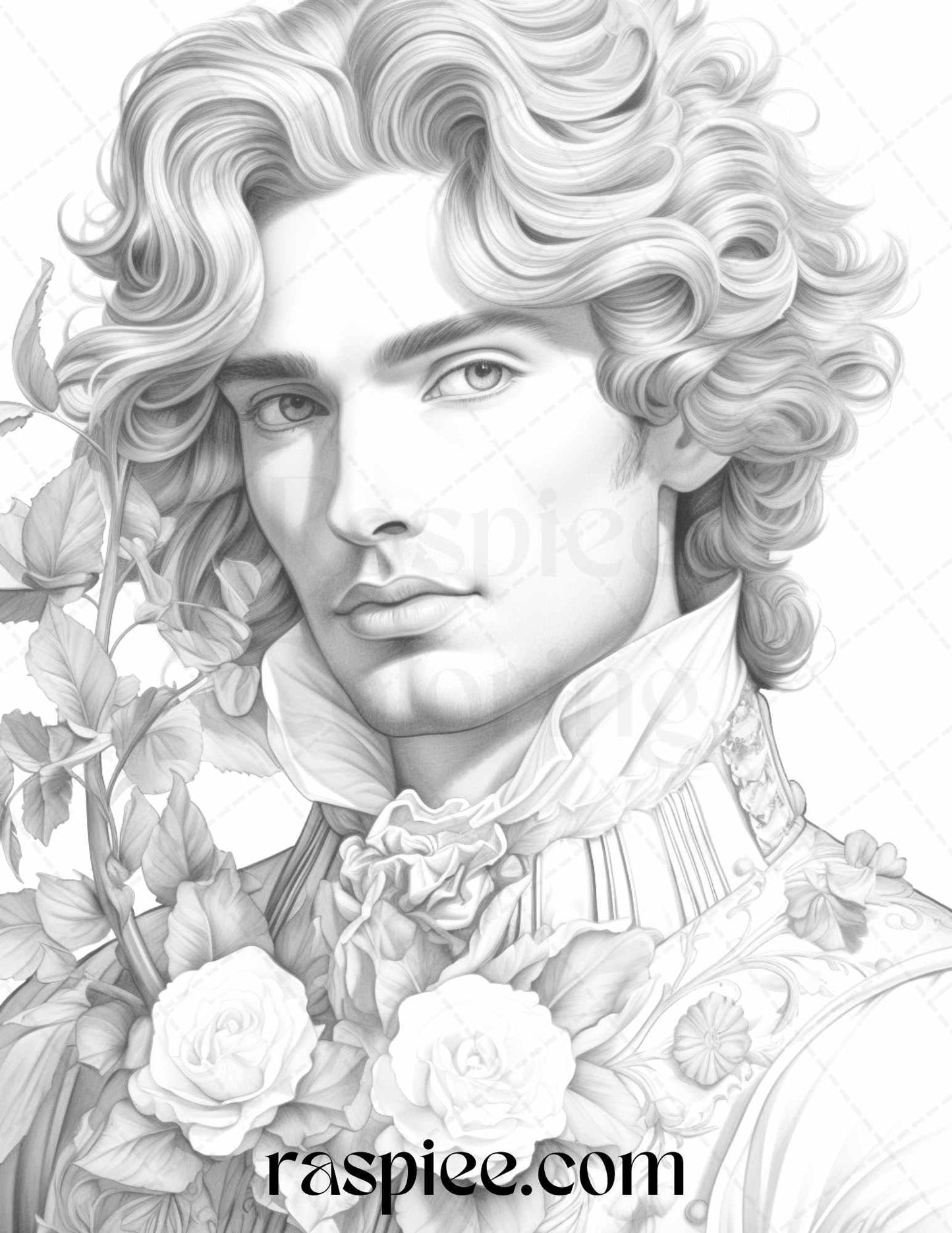 50 Baroque Man Portrait Grayscale Graysale Coloring Pages Printable for Adults, PDF File Instant Download - RASPIEE