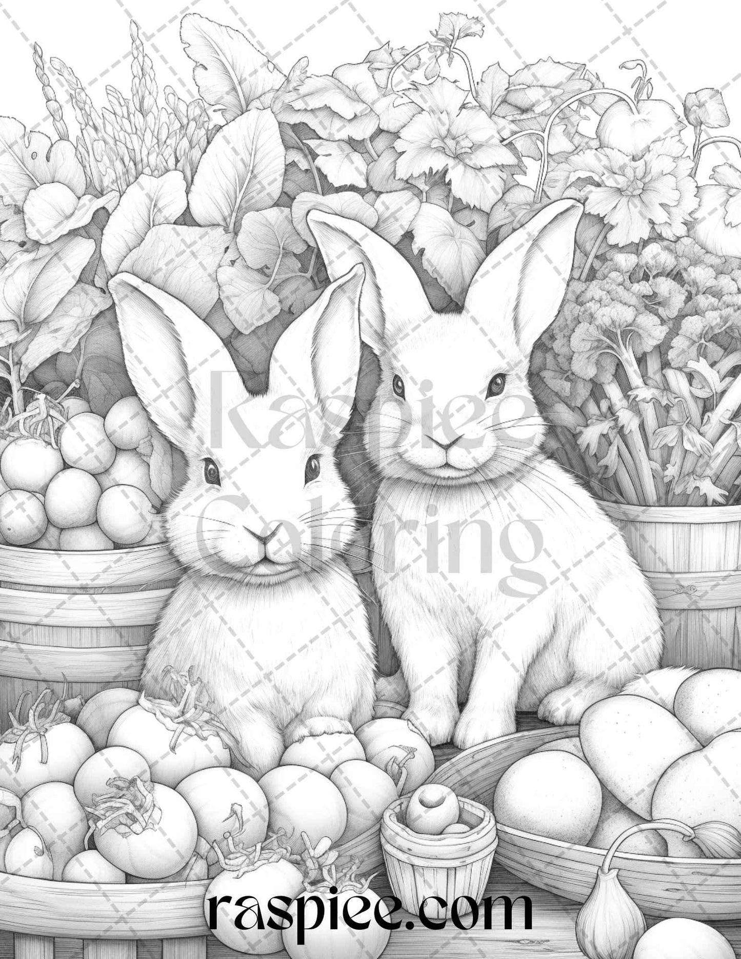50 Rabbit Garden Grayscale Coloring Pages Printable for Adults, PDF File Instant Download - RASPIEE