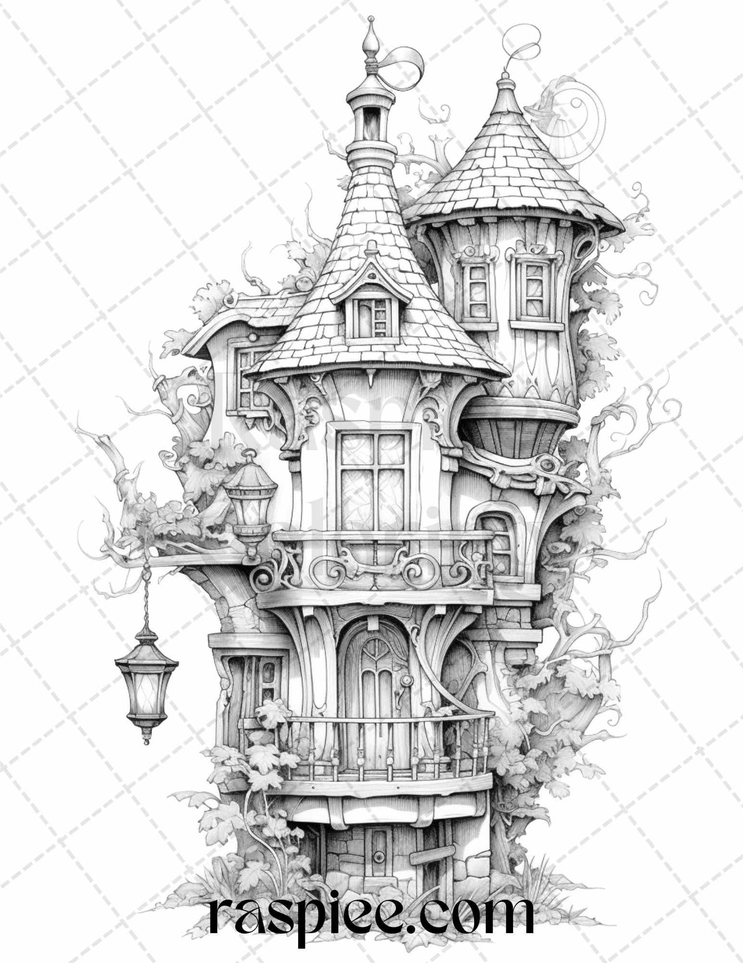 50 Lantern Fairy Houses Grayscale Coloring Pages Printable for Adults, PDF File Instant Download - RASPIEE