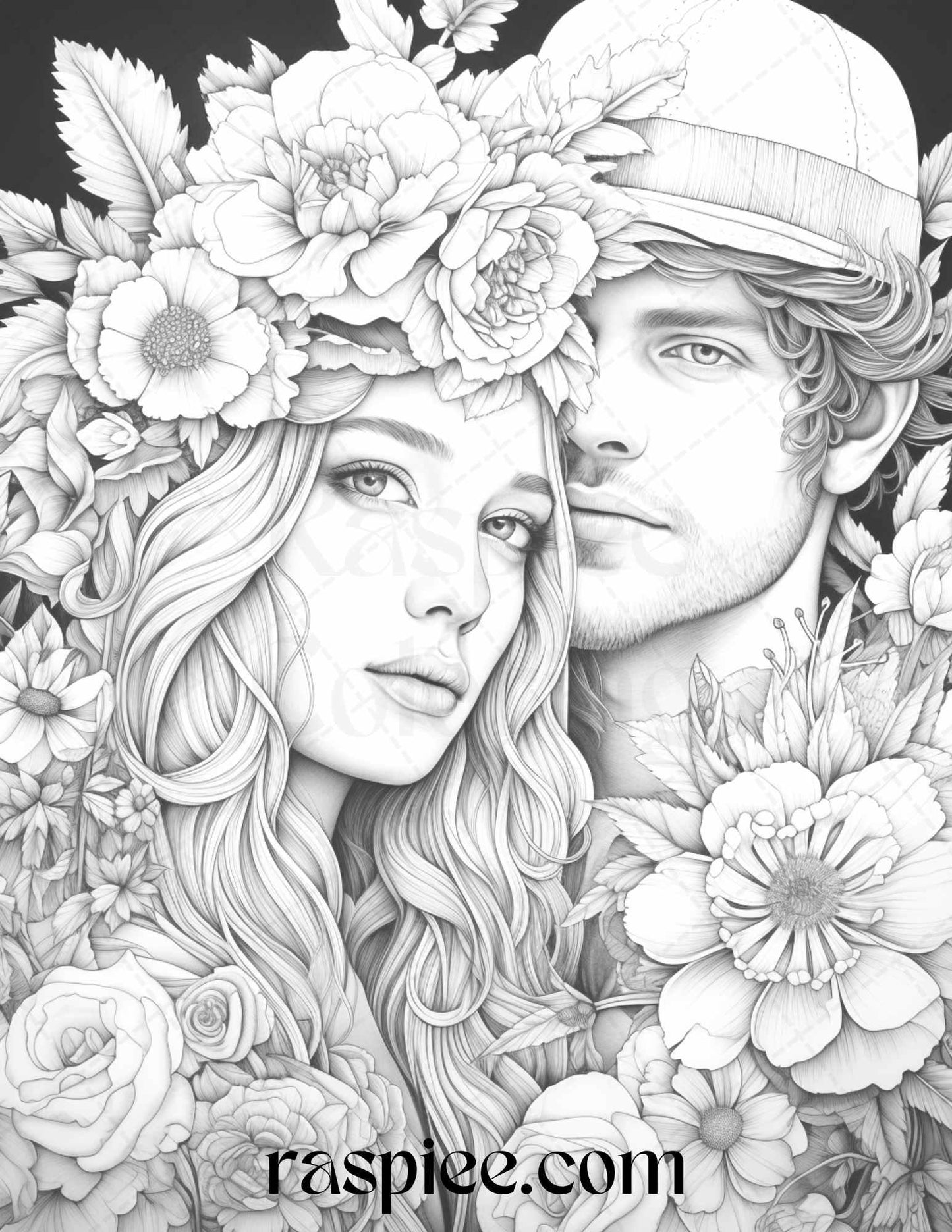 50 Romantic Couple Flowers Grayscale Coloring Pages Printable for Adults, PDF File Instant Download - RASPIEE