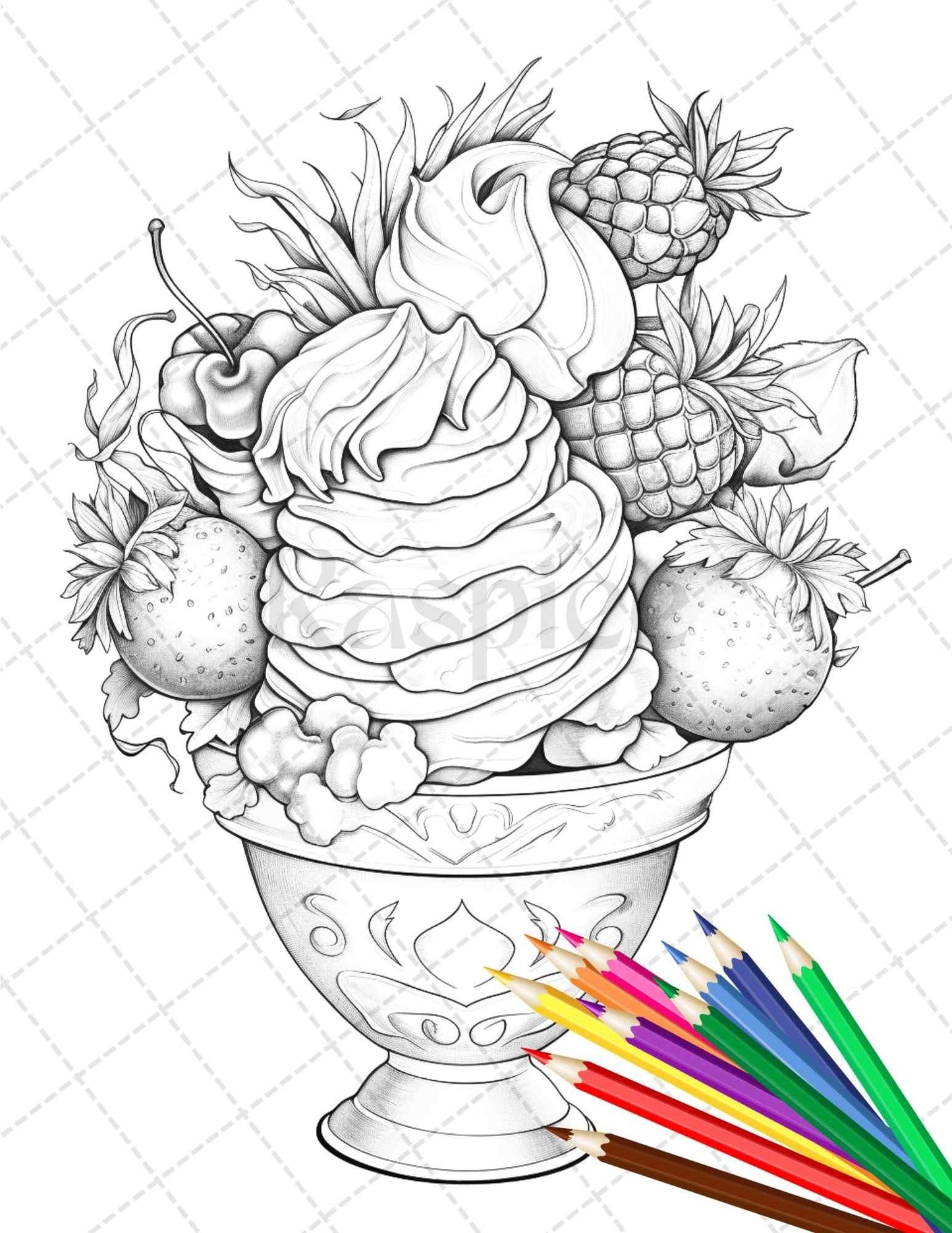 52 Printable Ice Cream Desserts Coloring Pages for Adults and Kids, Grayscale Coloring Page, PDF File Instant Download - RASPIEE