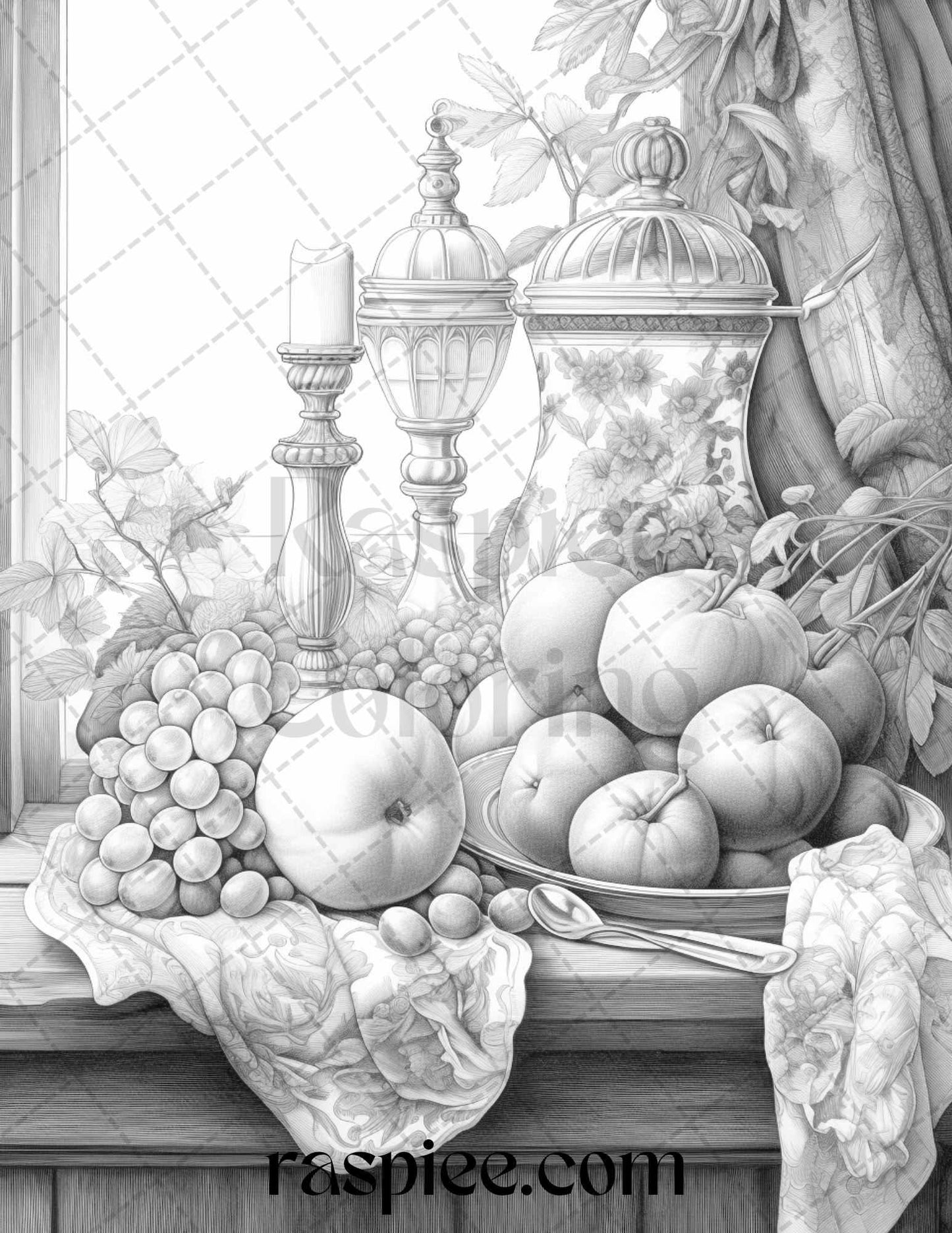 52 Still Life Grayscale Coloring Pages Printable for Adults, PDF File Instant Download - RASPIEE