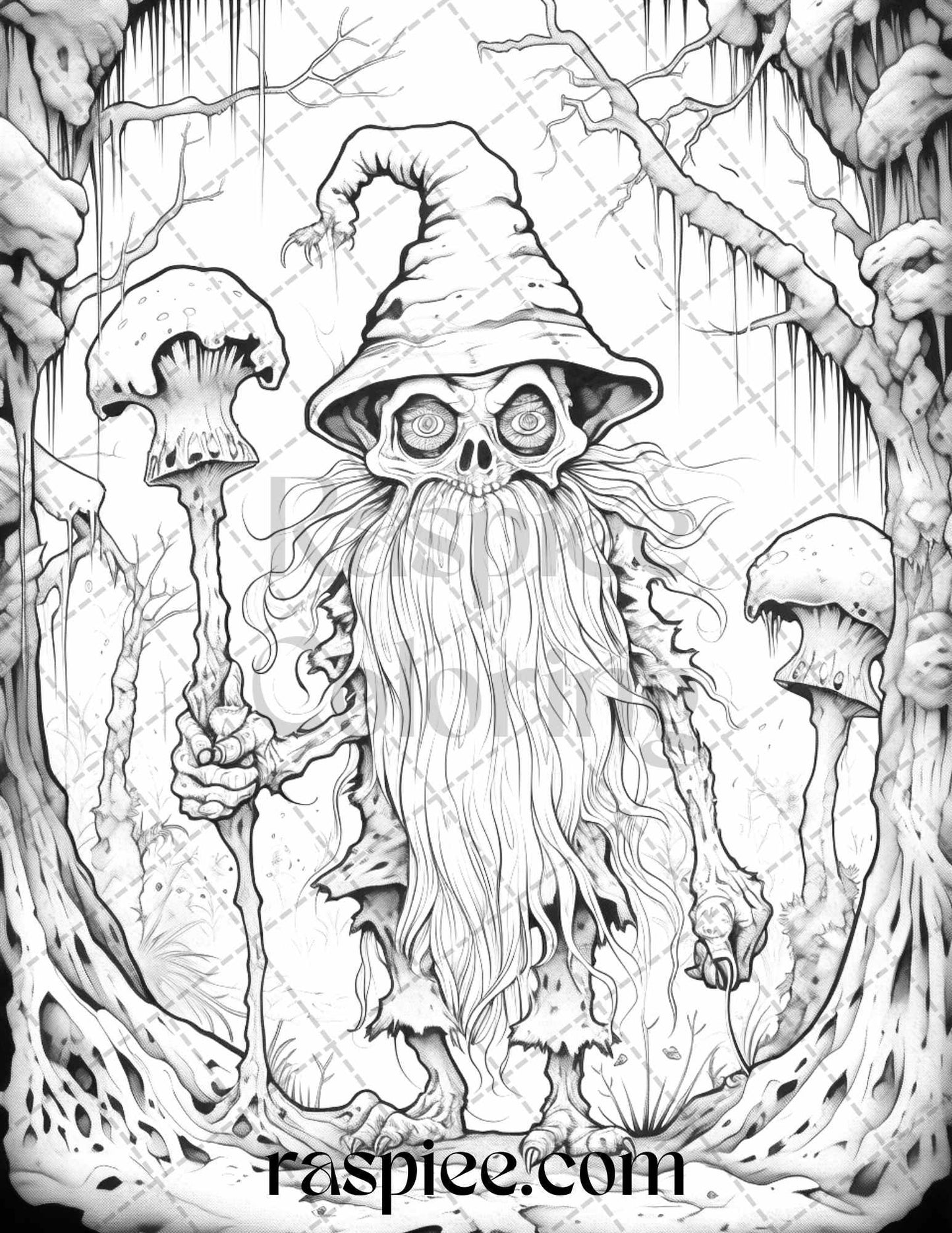 50 Horror Zombie Gnomes Grayscale Coloring Pages Printable for Adults, PDF File Instant Download - RASPIEE
