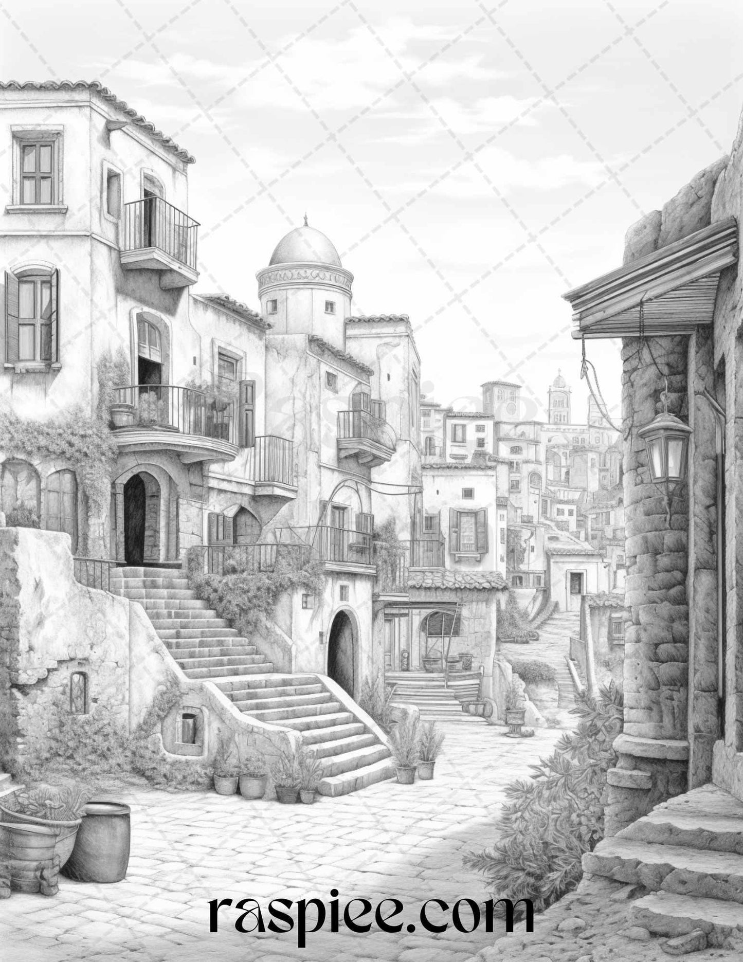 Roman Architecture Grayscale Coloring Pages Printable for Adults, PDF File Instant Download - RASPIEE