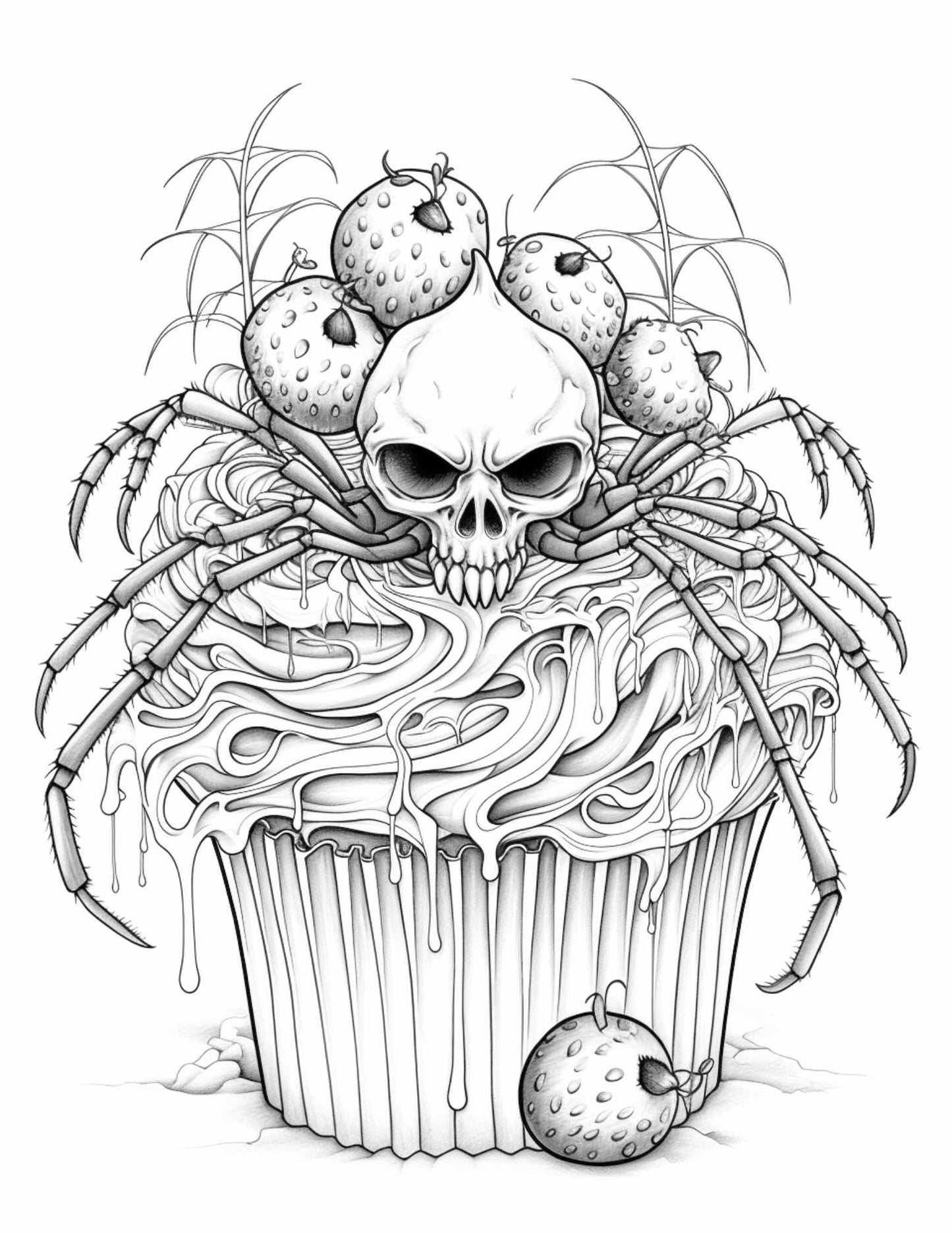 Free Halloween Spooky Cupcakes Grayscale Coloring Pages Printable for Adults Kids, PDF File Instant Download - RASPIEE