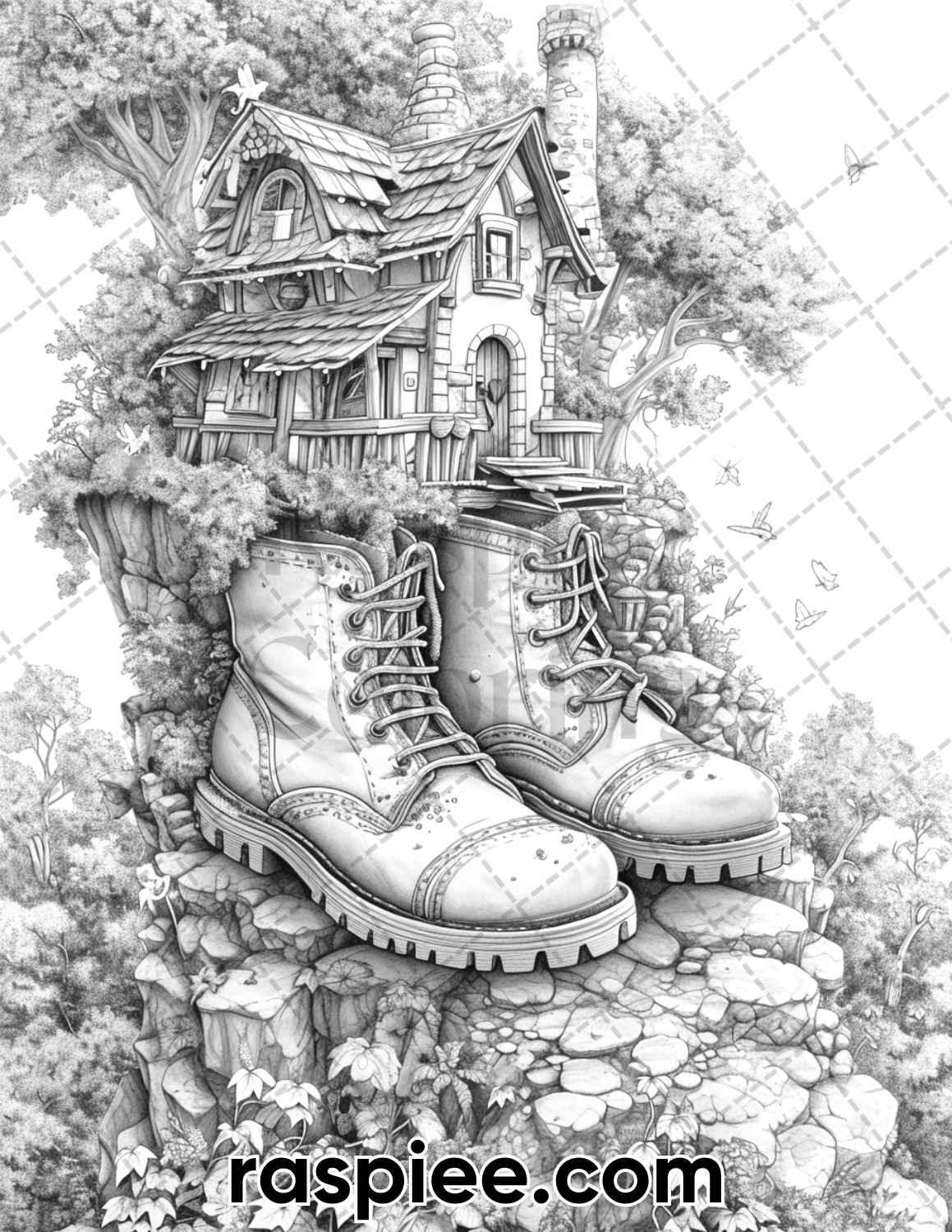 80 Fantasy Shoe House Grayscale Adult Coloring Pages, Printable PDF Instant Download - RASPIEE
