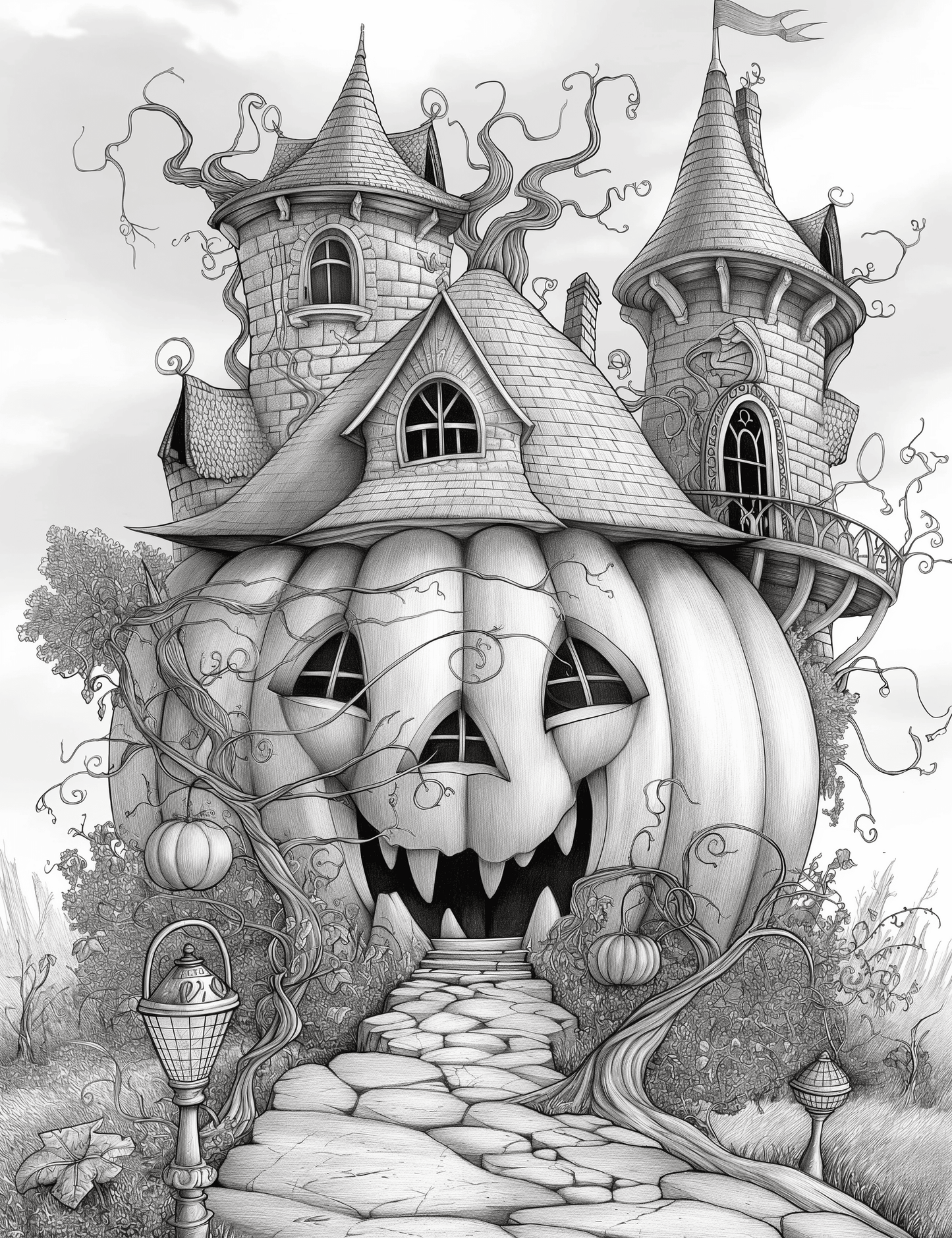 Free Giant Pumpkin Castle Grayscale Adult Coloring Pages, Printable PDF Instant Download - RASPIEE