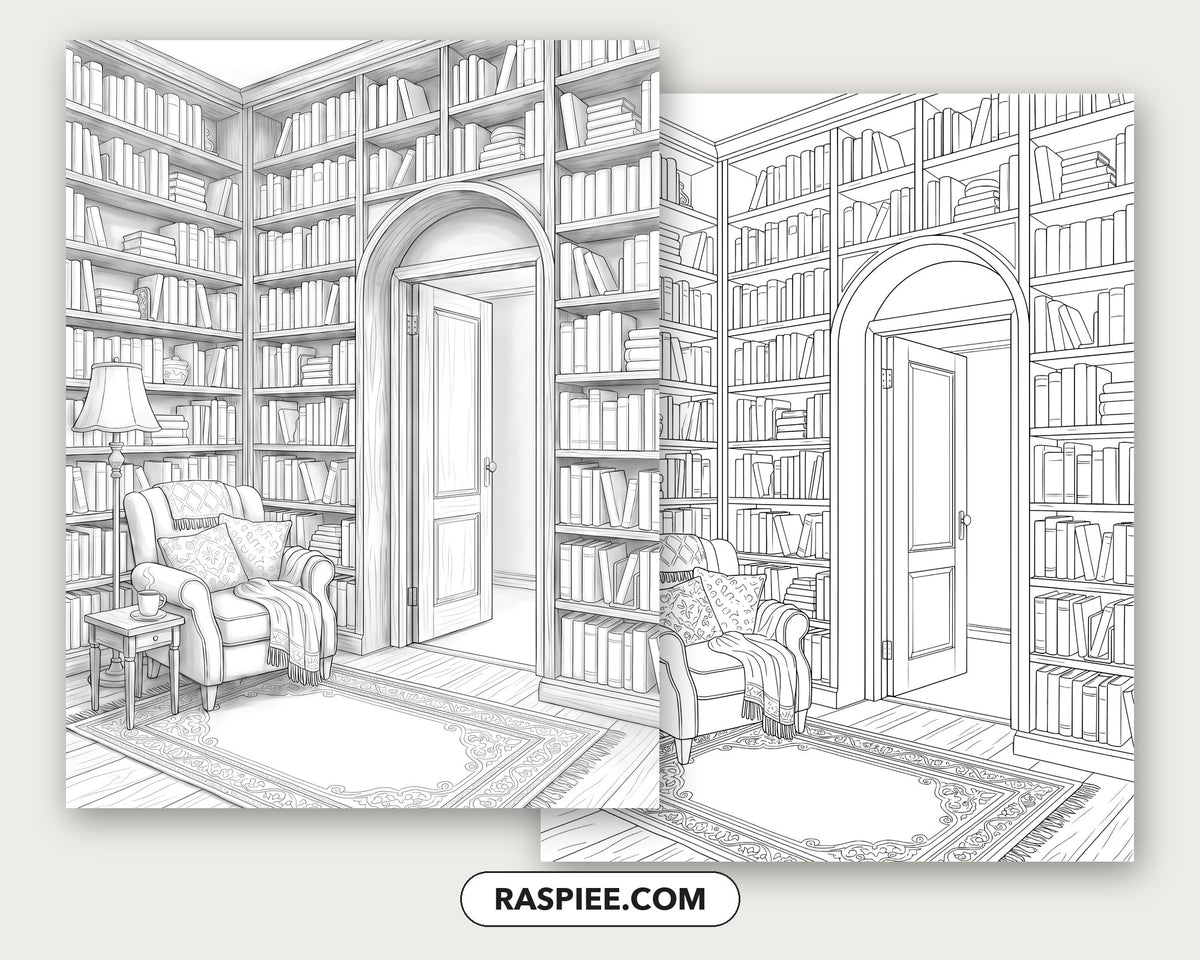 40 Cozy Bookshelves and Reading Nooks Grayscale and Line Art Coloring Pages