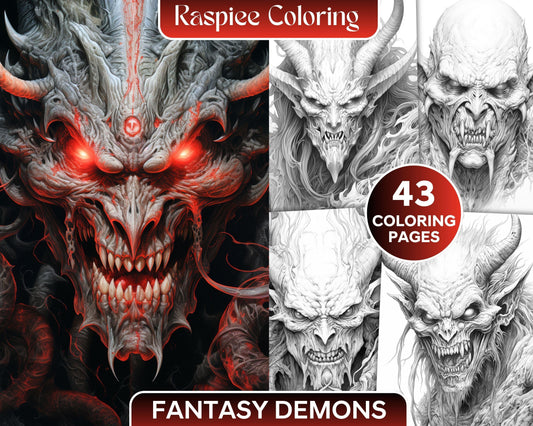 Fantasy Demons grayscale Halloween coloring pages for adults