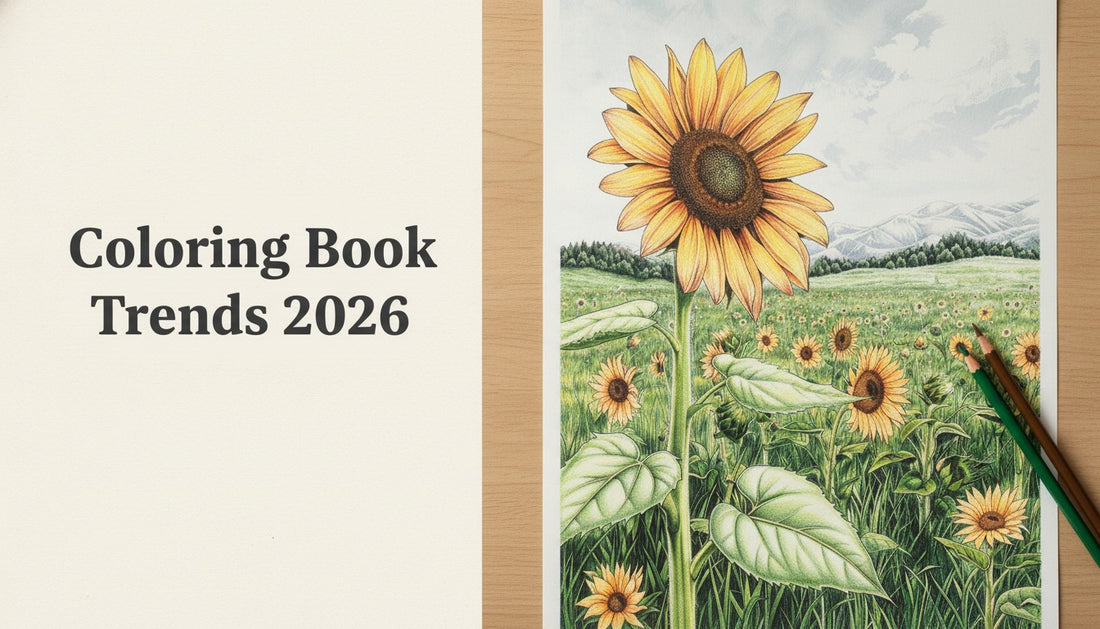Coloring Book Trends 2026: a sunflower coloring page colored in with colored pencils