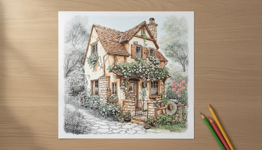 A grayscale cottage garden coloring page on a desk, with the cottage colored in with colored pencils and the garden still gray