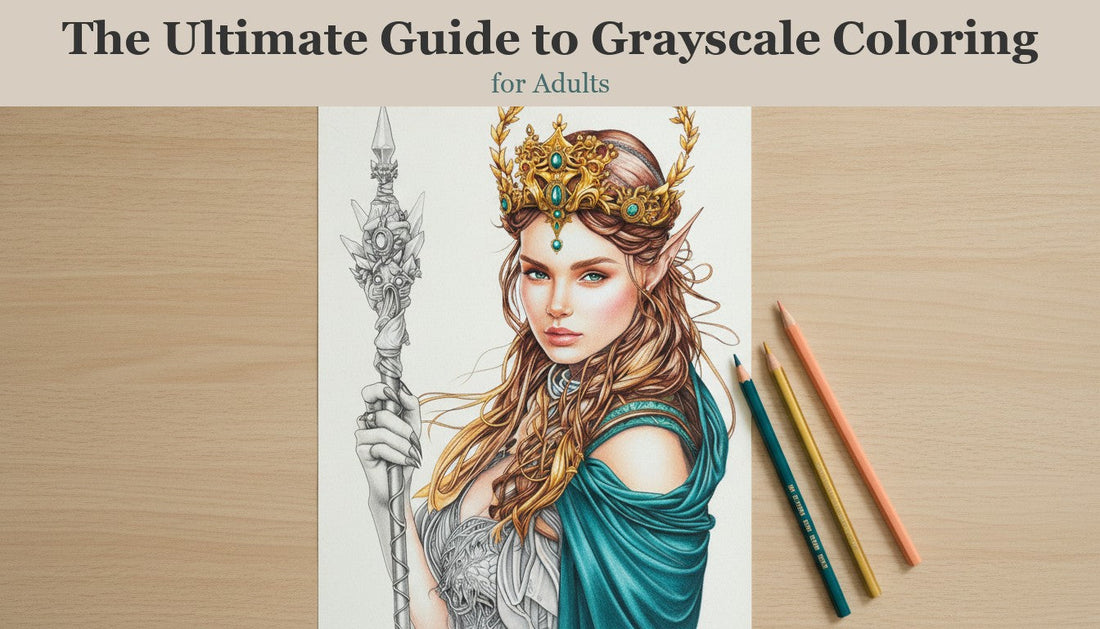 The Ultimate Guide to Grayscale Coloring for Adults: an elf queen coloring page, half still grayscale and half colored in with colored pencils