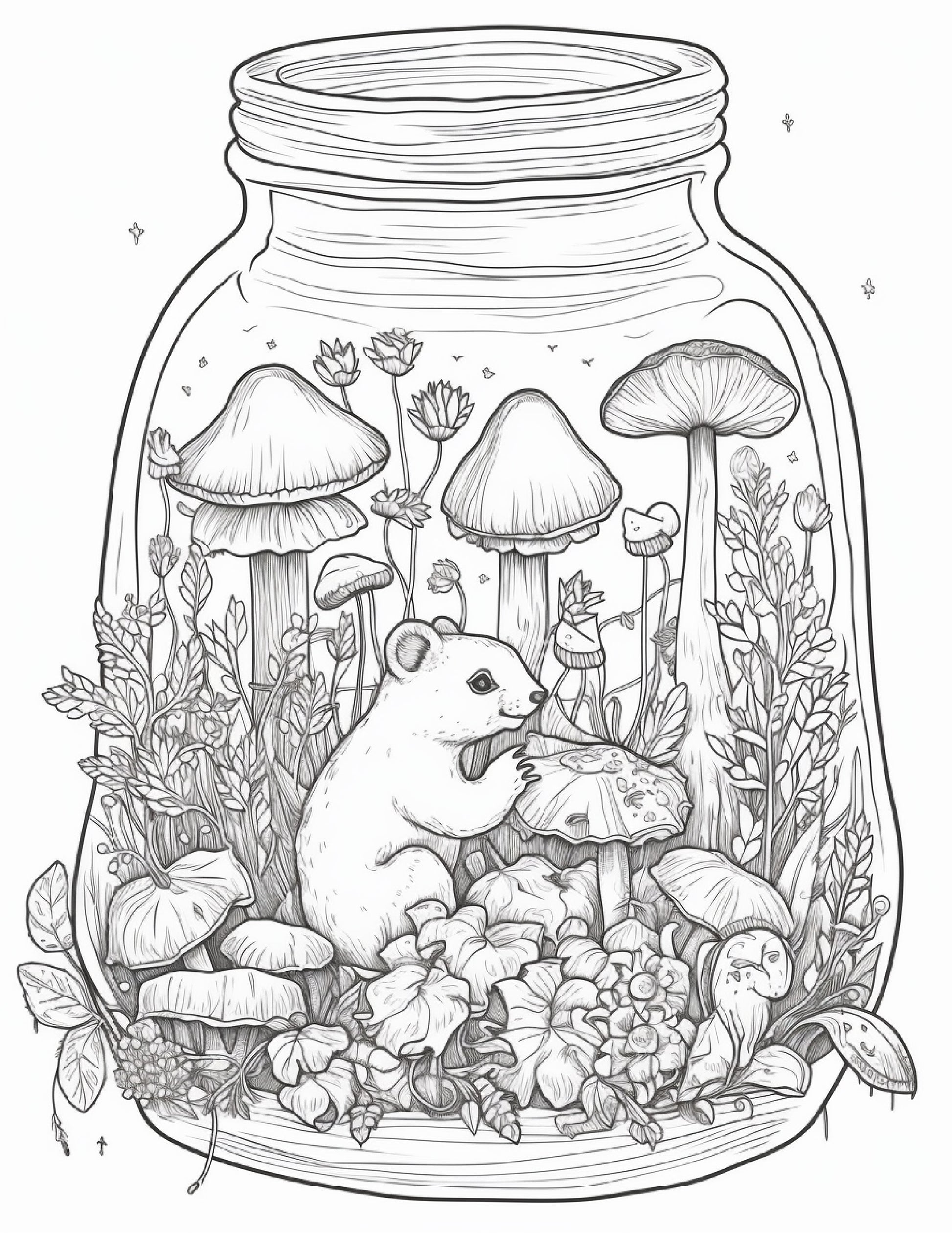 50 Printable Fairy Houses in Jar Coloring Pages for Adults, Grayscale