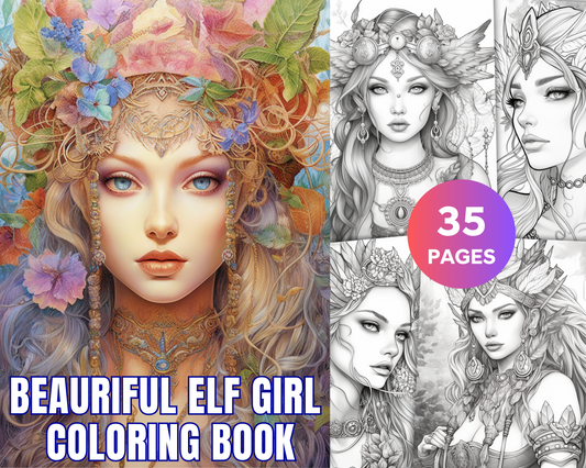 35 Beautiful Printable Elf Girls Coloring Book for Adults, Grayscale C