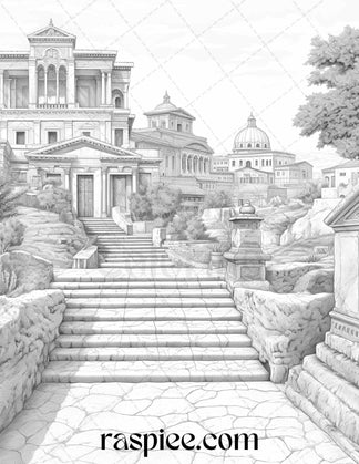 Roman Architecture Grayscale Coloring Pages Printable for Adults, PDF ...