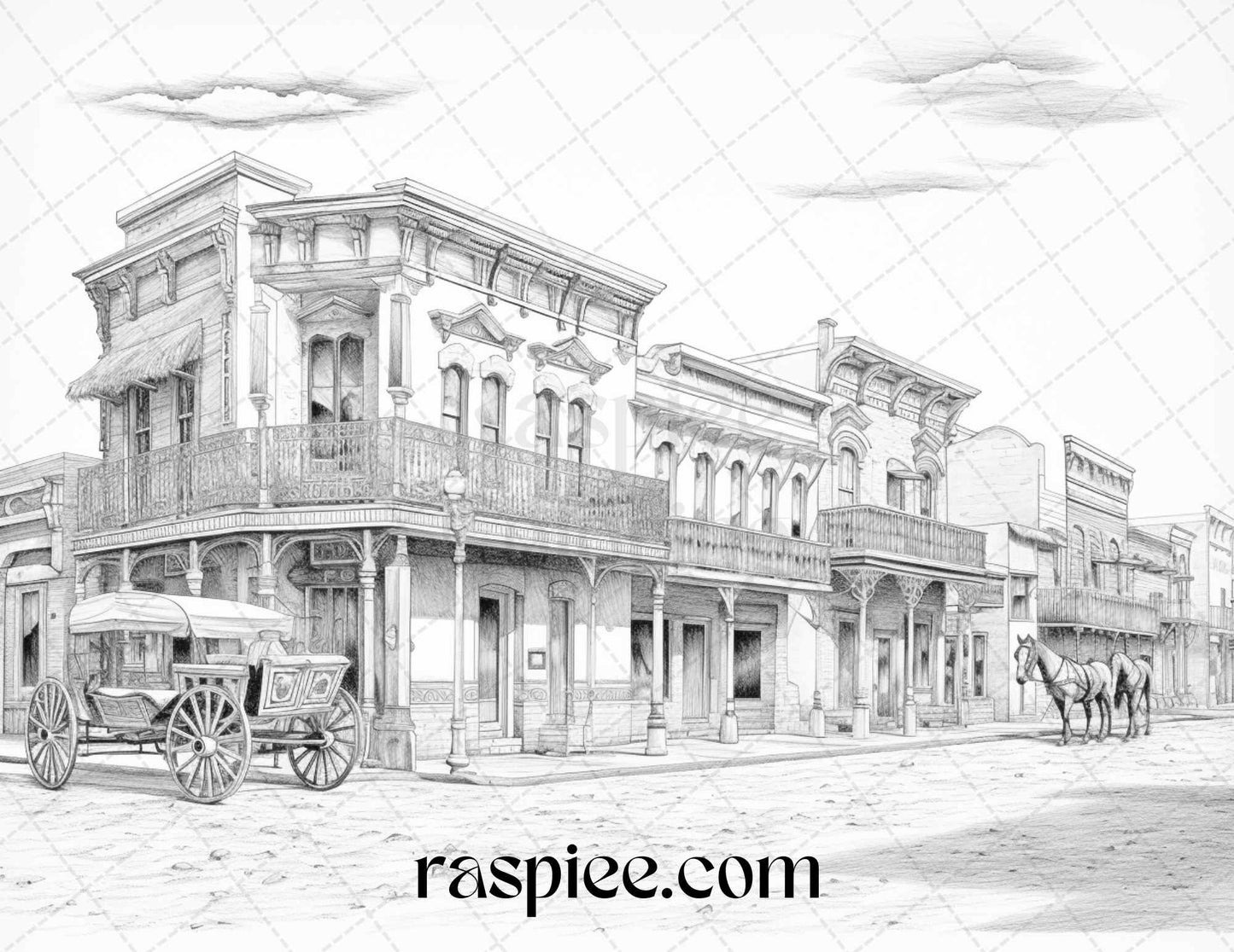 Wild West grayscale coloring pages, vintage Old West illustrations, adult printable coloring pages, western town scenes, cowboy art therapy, instant download coloring sheets