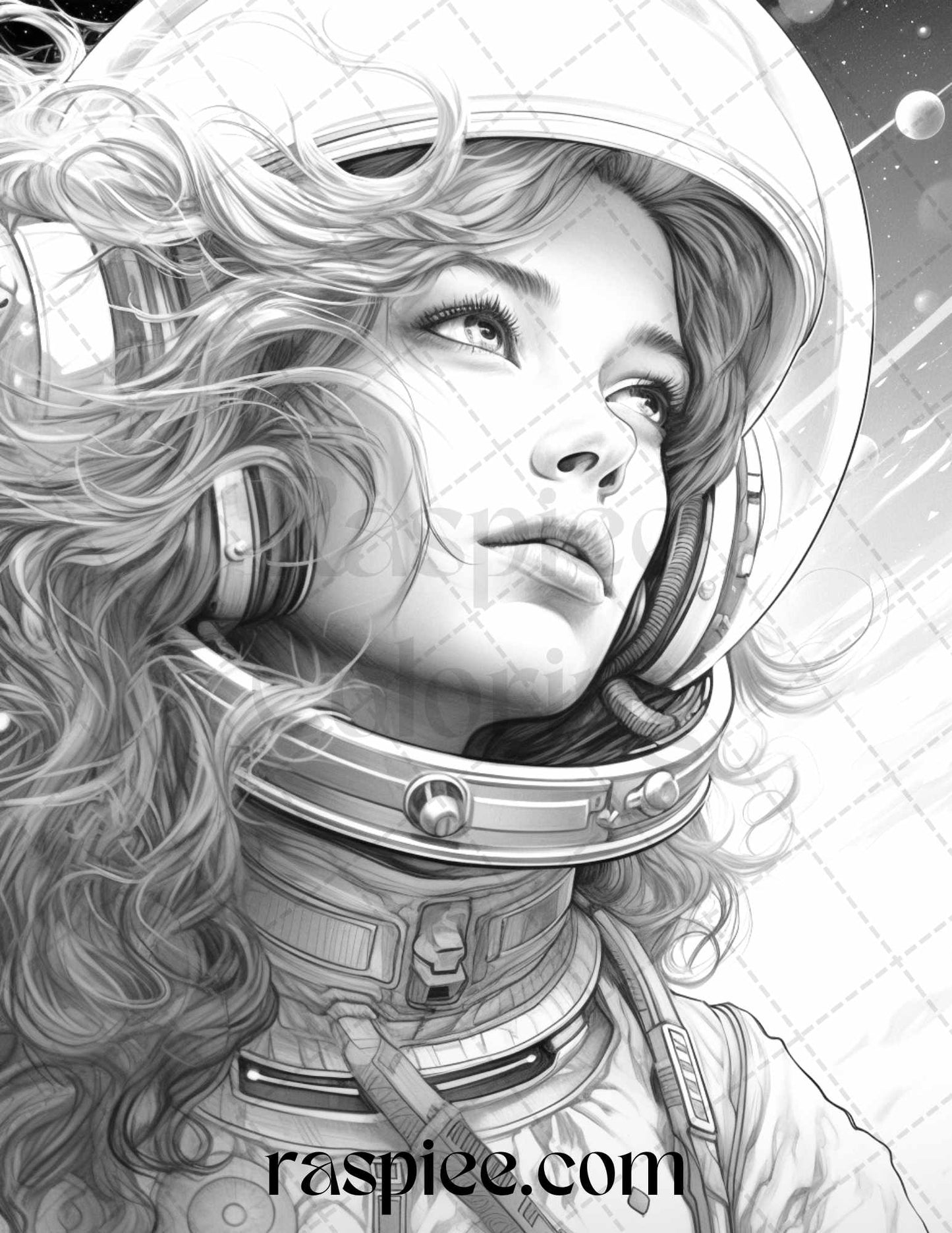 Astronaut girl coloring page, Adult stress-relief coloring sheet, Printable space coloring page, Detailed sci-fi coloring print, Relaxing celestial coloring page, Galaxy-inspired coloring sheet, Mindful coloring for adults