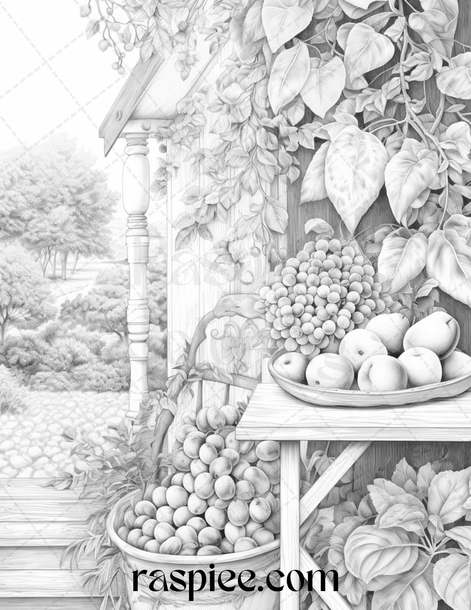 Fruit garden grayscale coloring pages, printable adult coloring, relaxation botanical art, stress relief coloring, detailed grayscale illustrations