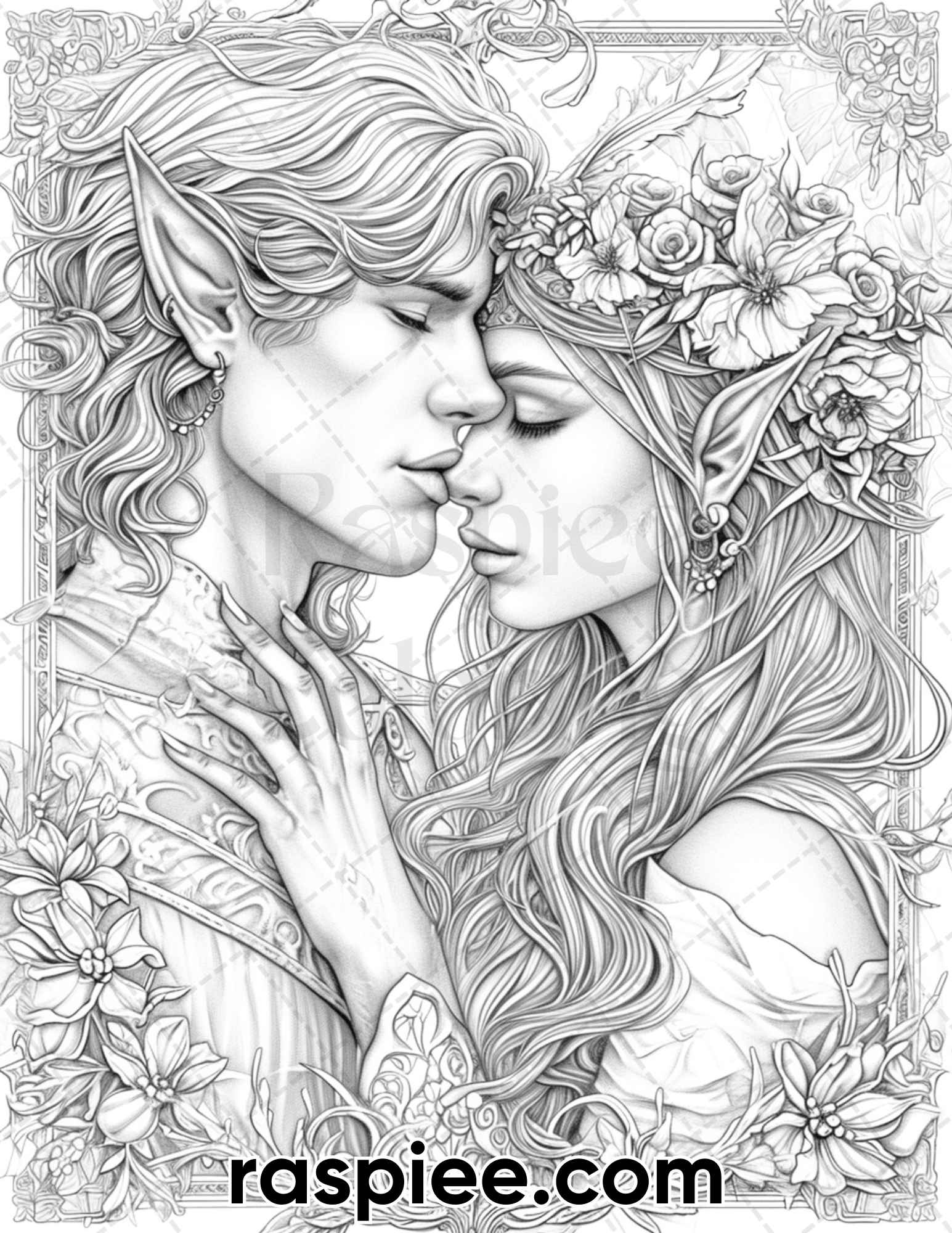 adult coloring pages, adult coloring sheets, adult coloring book pdf, adult coloring book printable, grayscale coloring pages, grayscale coloring books, fantasy coloring pages for adults, fantasy coloring book, portrait landscapes coloring pages, portrait coloring book, Romantic Elf Couple Portraits Adult Coloring Page