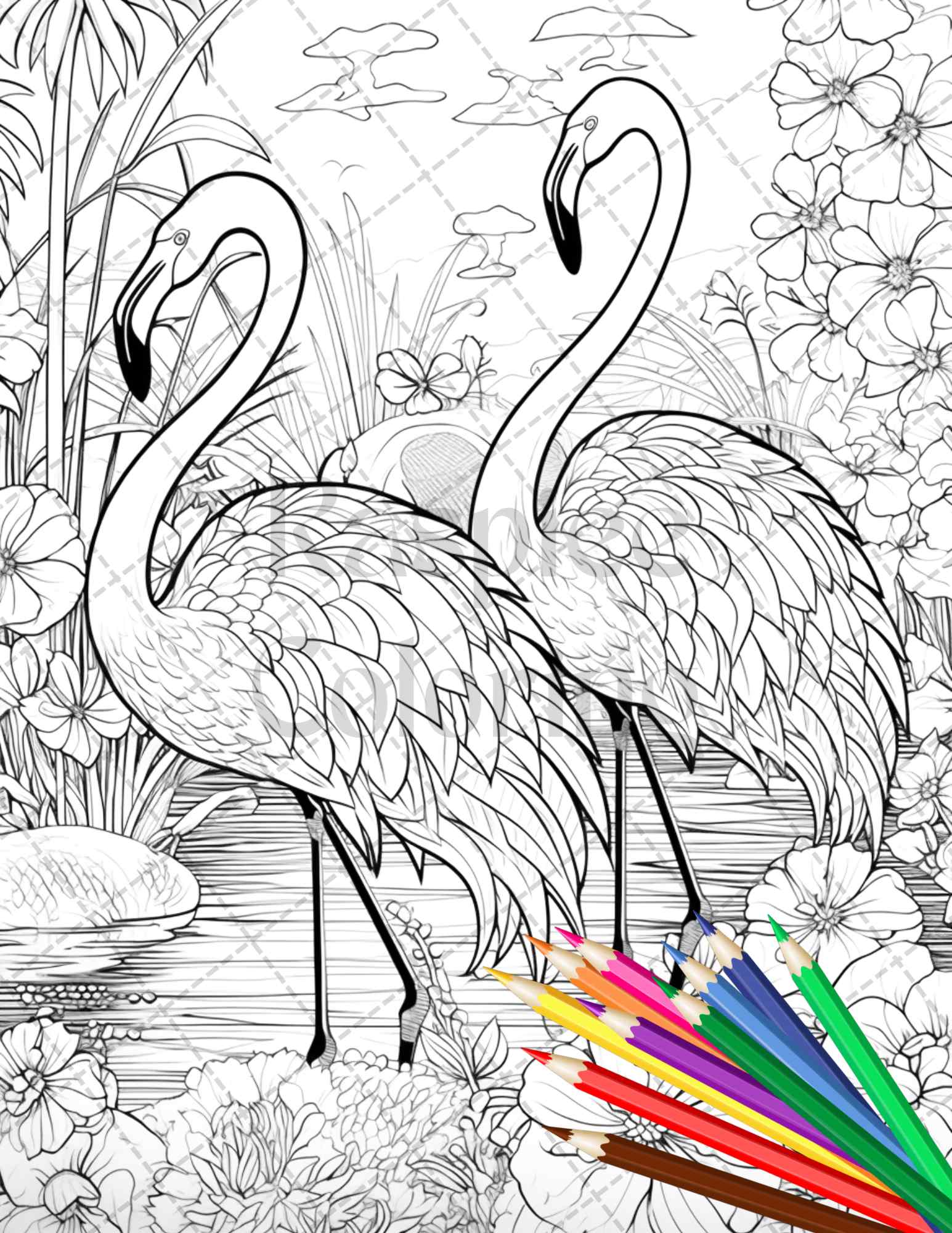 Flamingo Oasis Grayscale Coloring Pages Printable for Adults, PDF File Instant Download - raspiee