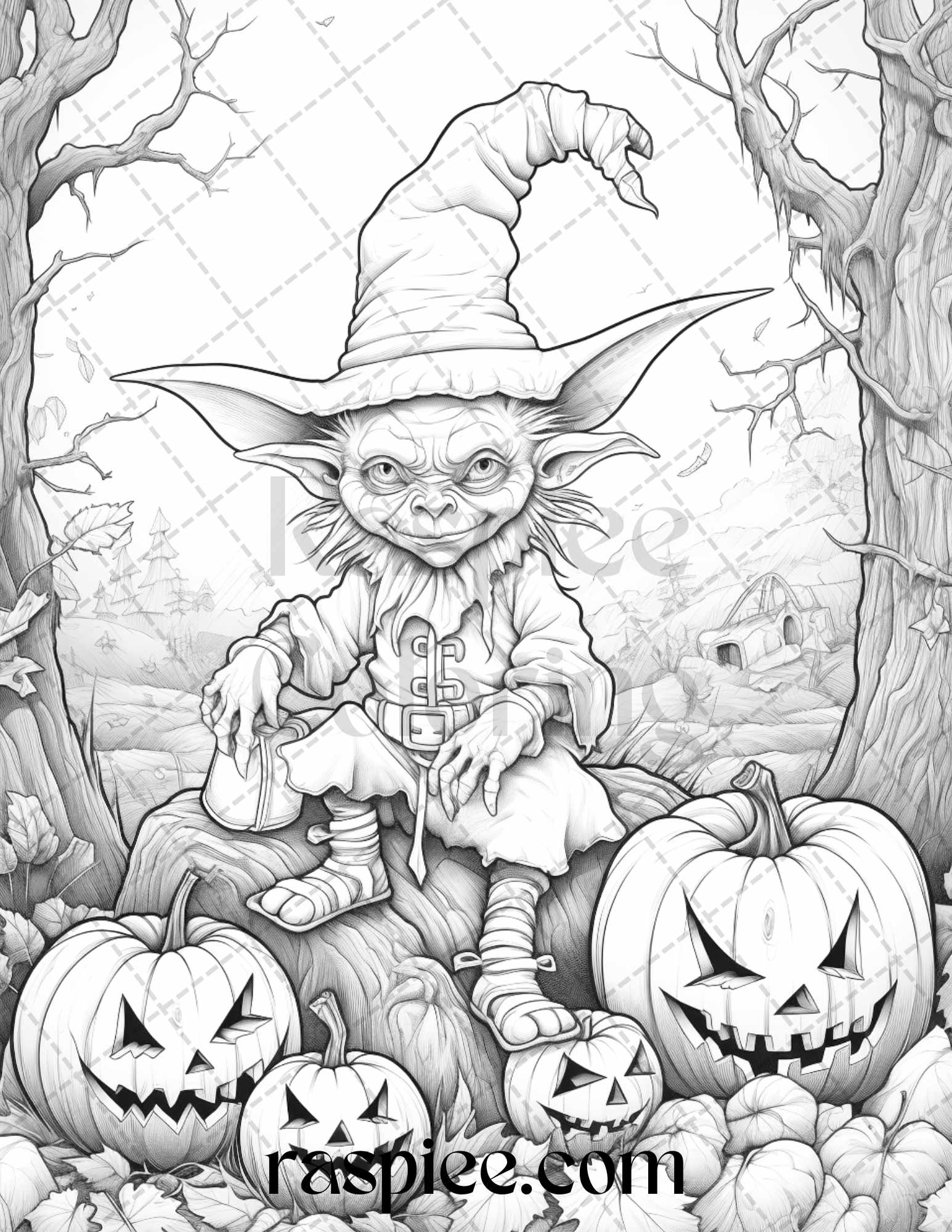 Halloween Goblin Coloring Page, Adult Grayscale Coloring Printable, Spooky Goblin Art Sheet, Halloween Coloring Book Page, Printable Halloween Decor, Stress Relief Coloring, DIY Halloween Craft, Detailed Goblin Drawing, Creepy Halloween Art, Halloween Grayscale Coloring Pages