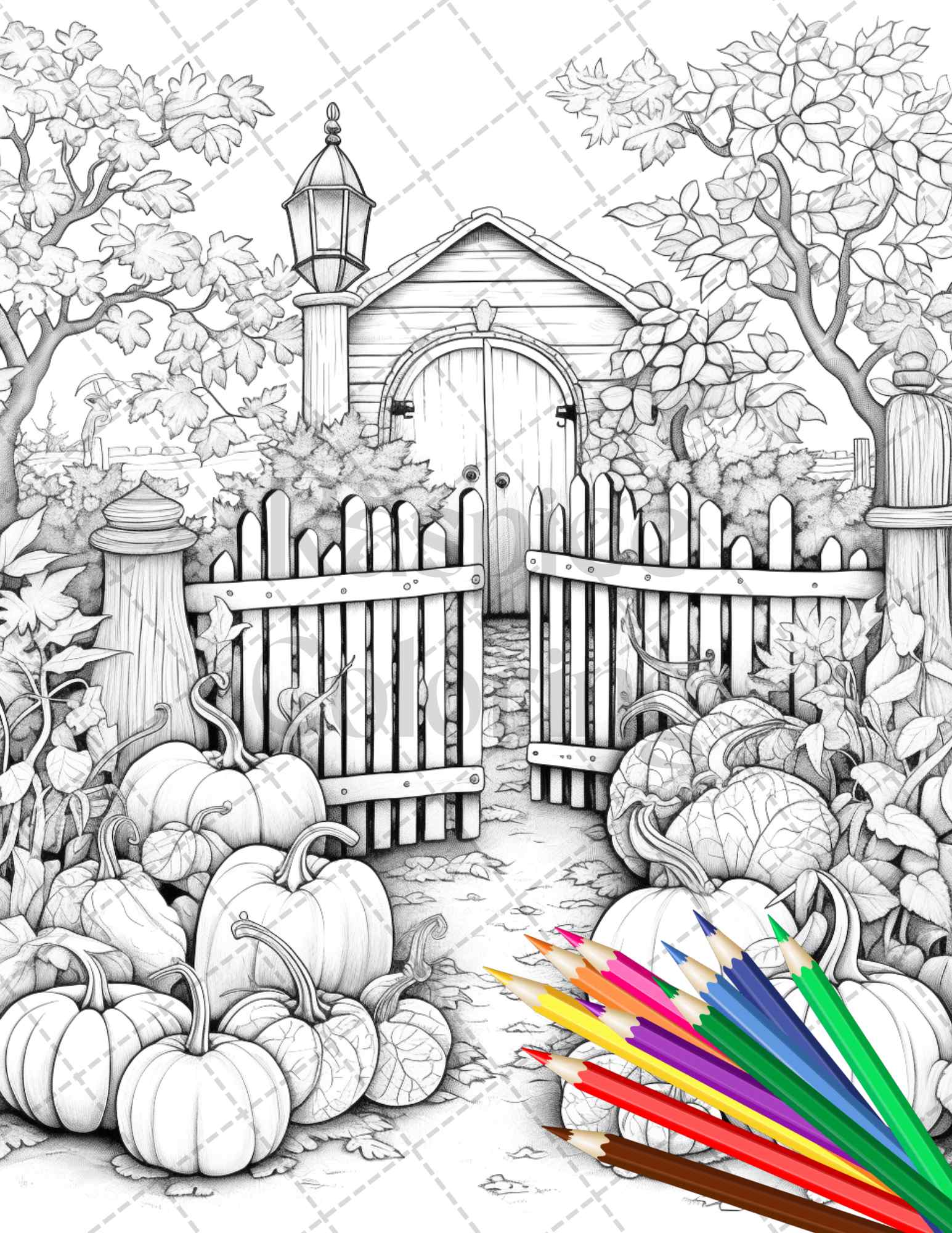Pumpkin Garden Scenery Grayscale Coloring Pages Printable for Adults, PDF File Instant Download - raspiee