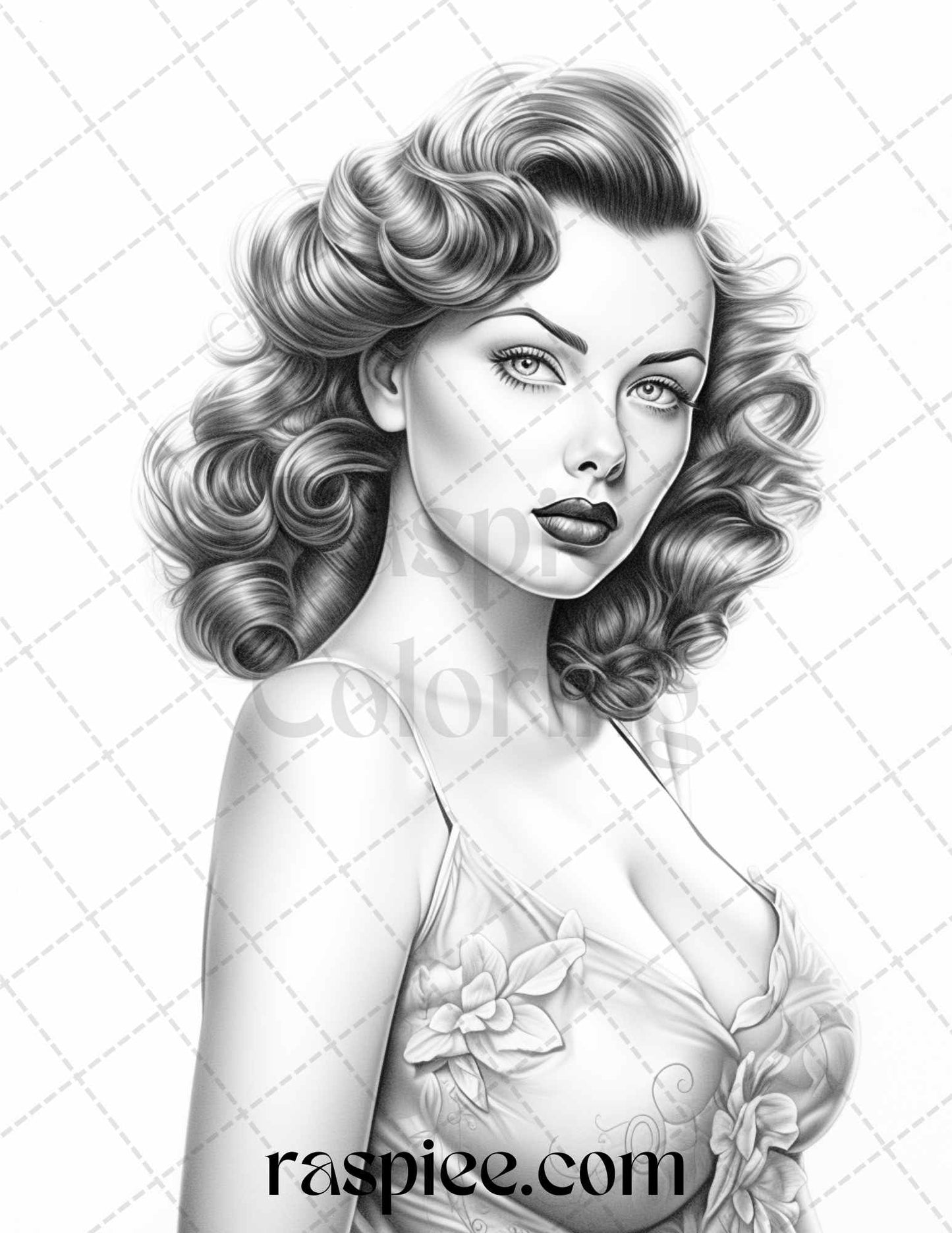 Vintage Pin Up Girls Coloring Pages, Grayscale Printable Art for Adults, Retro Illustrations Coloring Sheets, Vintage Pin-Up Girls Artwork, Printable Adult Coloring Pages, Grayscale Pinup Coloring Book