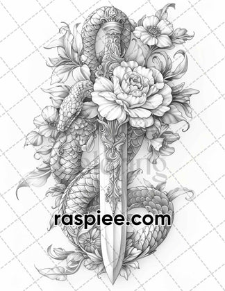 66 Intricate Gothic Tattoos Grayscale Adult Coloring Pages, Printable ...