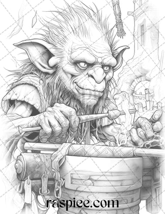 Fantasy Goblins Grayscale Coloring Pages Printable for Adults, PDF Fil ...