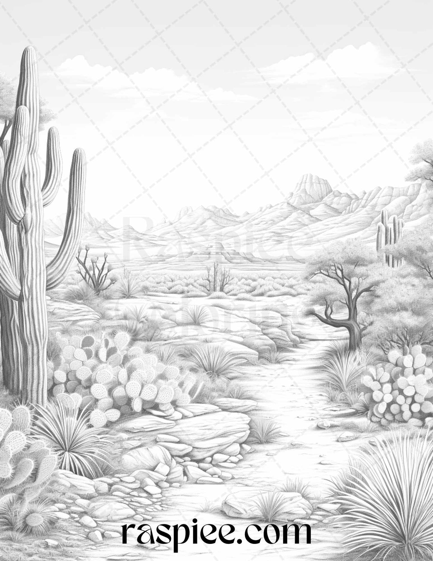 40 Desert Landscapes Grayscale Coloring Pages Printable for Adults, PDF File Instant Download - Raspiee Coloring