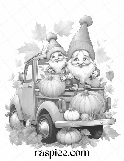 40 Fall Gnomes Grayscale Coloring Pages Printable for Adults Kids, PDF File Instant Download - Raspiee Coloring