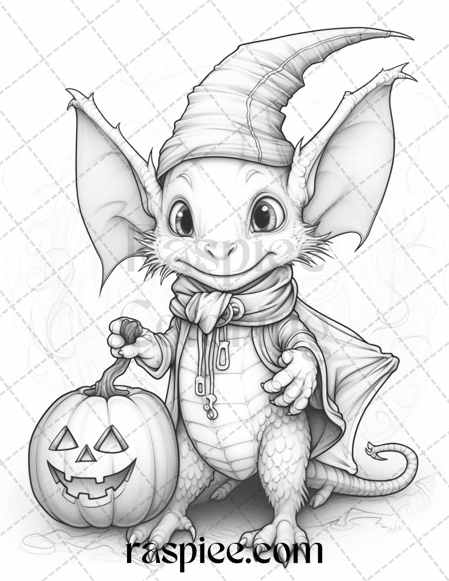 Cute Pumpkin Dragons Grayscale Coloring Pages for Adults and Kids, halloween coloring pages for kids, pumpkin halloween coloring pages, halloween coloring pages for adults