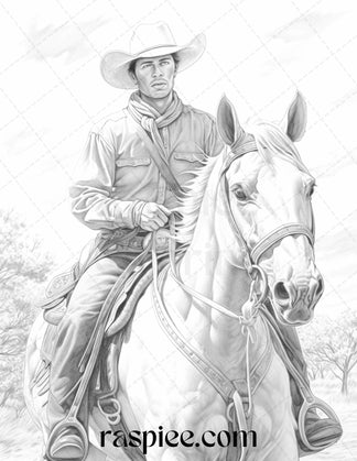 45 Wild West Cowboys Grayscale Coloring Pages Printable for Adults, PD ...